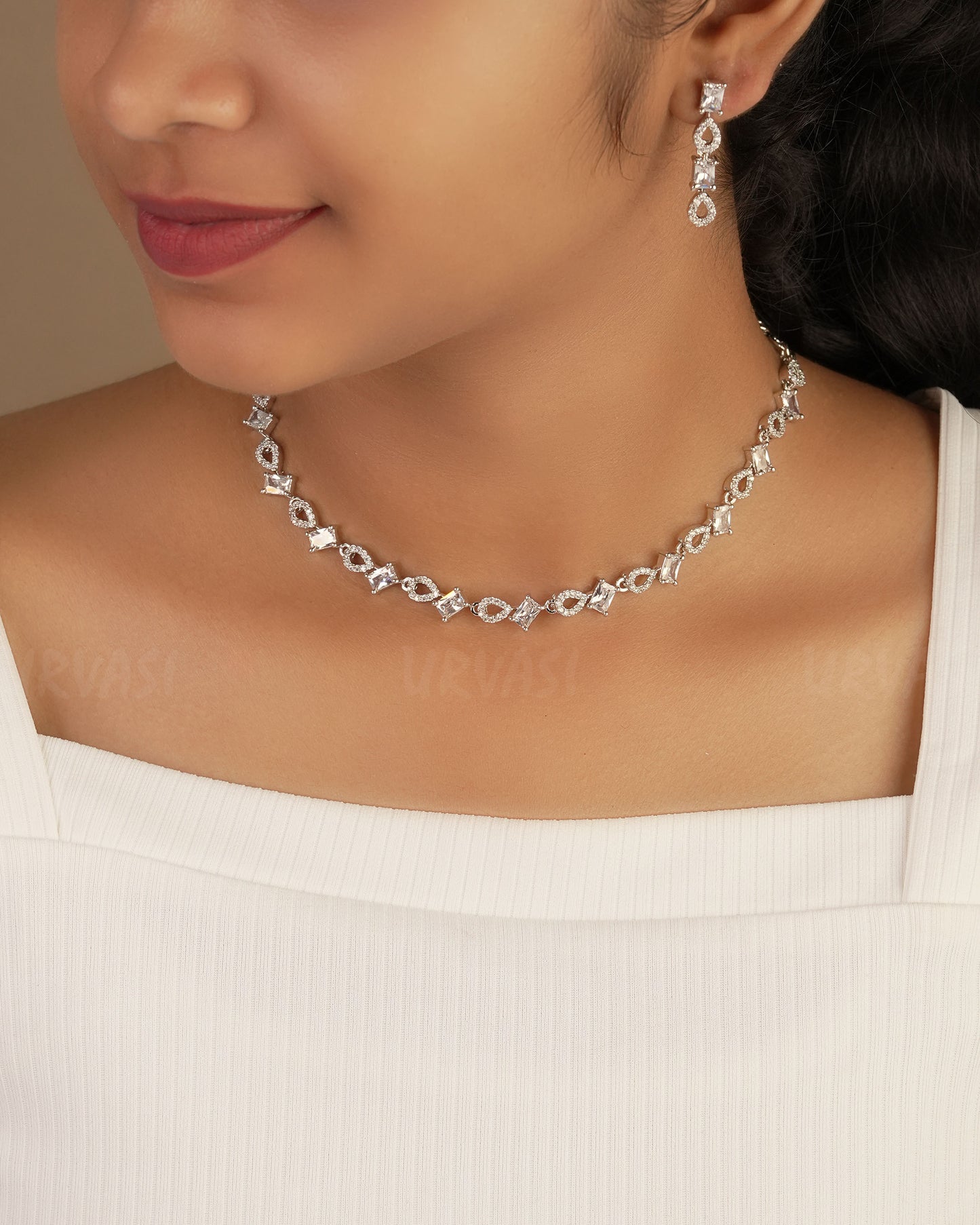 Rhodium Polish Tear-Drop Designed AD Necklace 1226