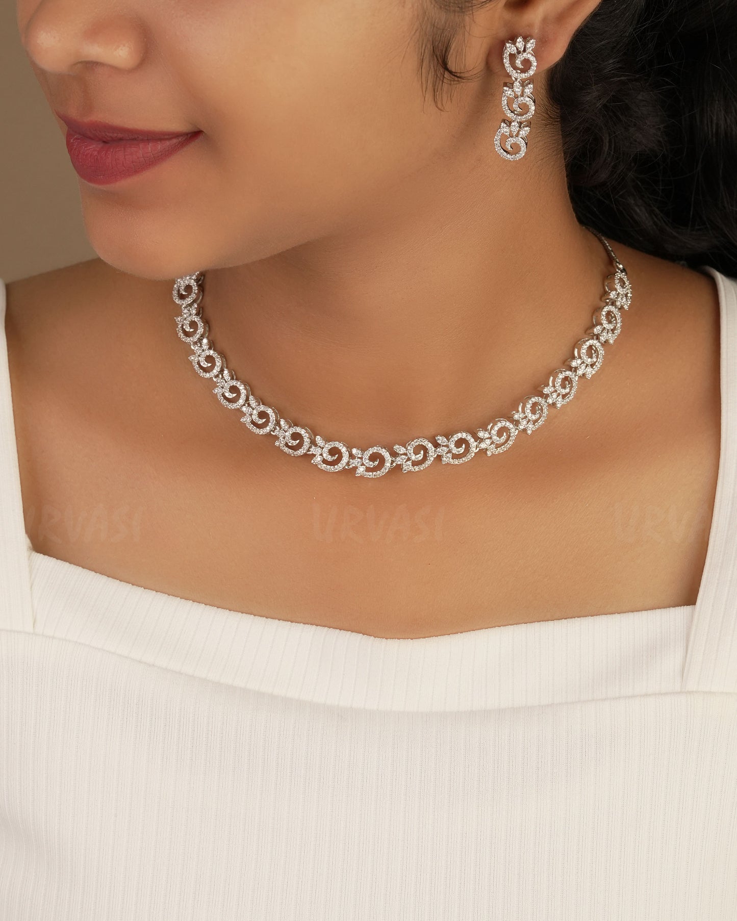 Rhodium Polish Leaf-Designed AD Necklace 1230