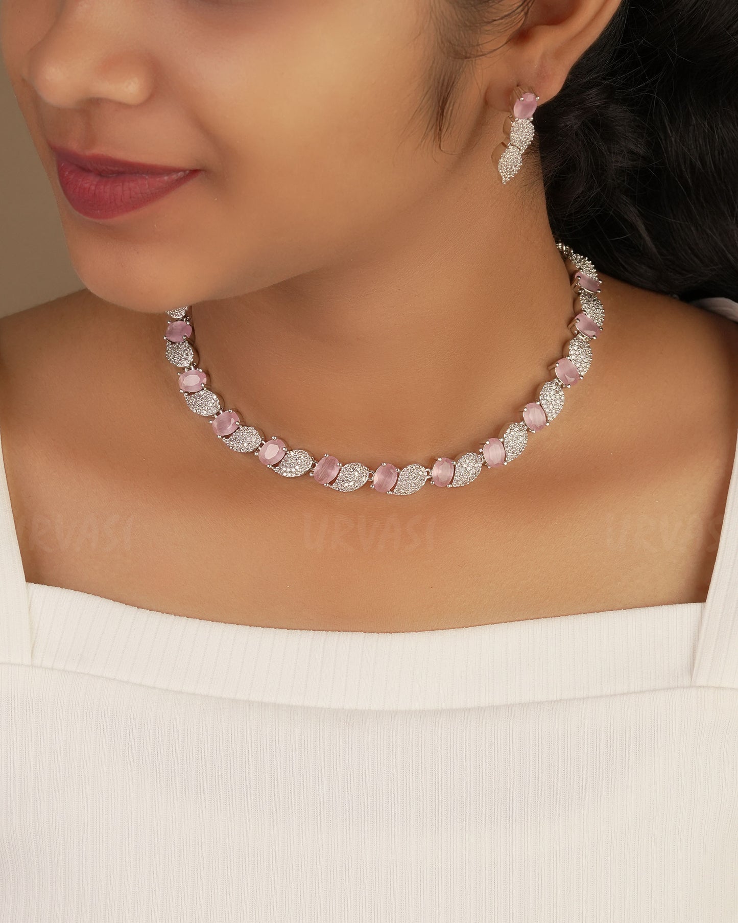 Rhodium Polish Leaf-Designed AD Necklace 1232