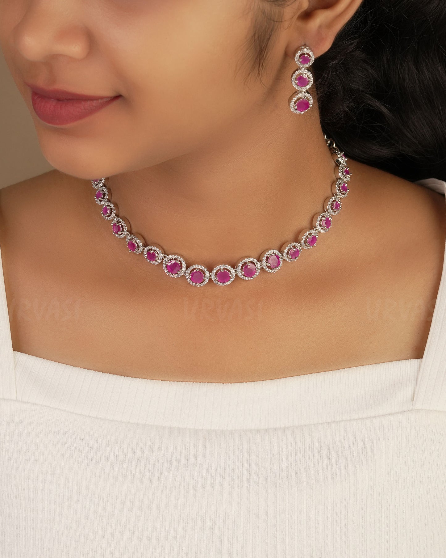 Rhodium Polish Round-Designed AD Choker Necklace 1233