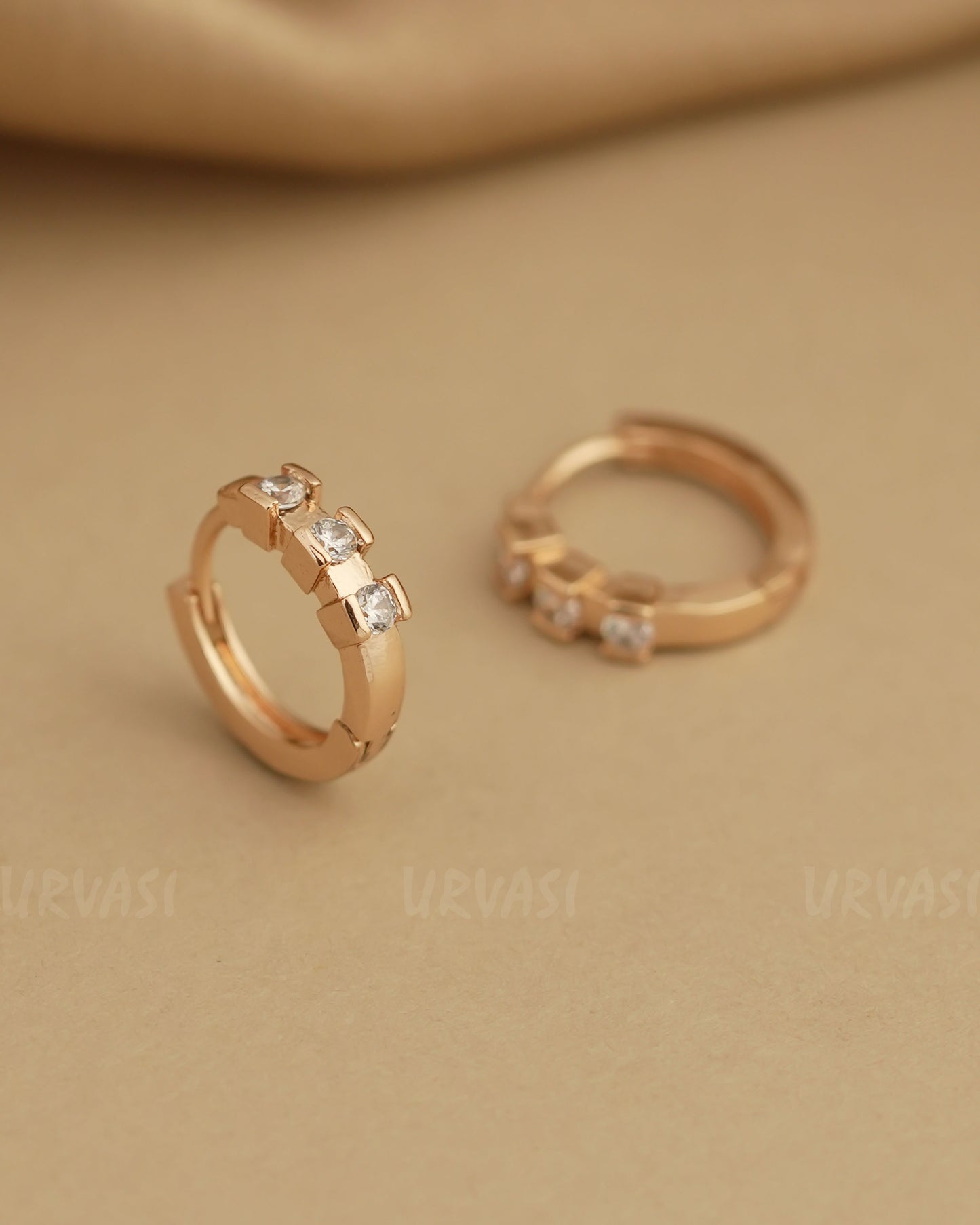 Rose-Gold Polish Three Clear Stone Accents Hoop Earrings ER 799