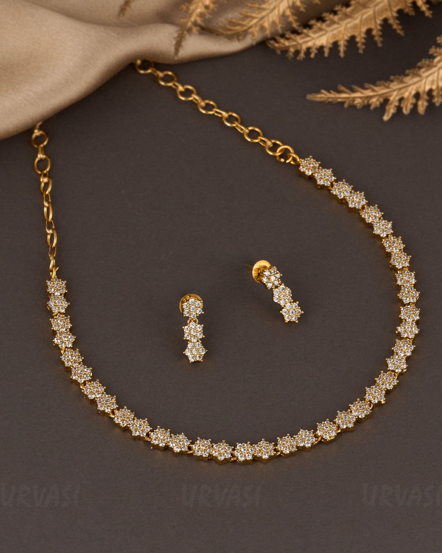 Gold-Polish Floral AD Necklace 1305