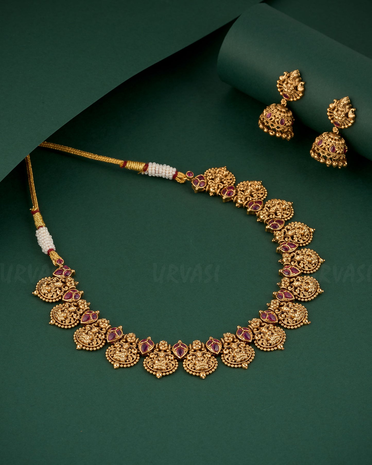 Premium Gold-Polish Lakshmi Floral Necklace 1294