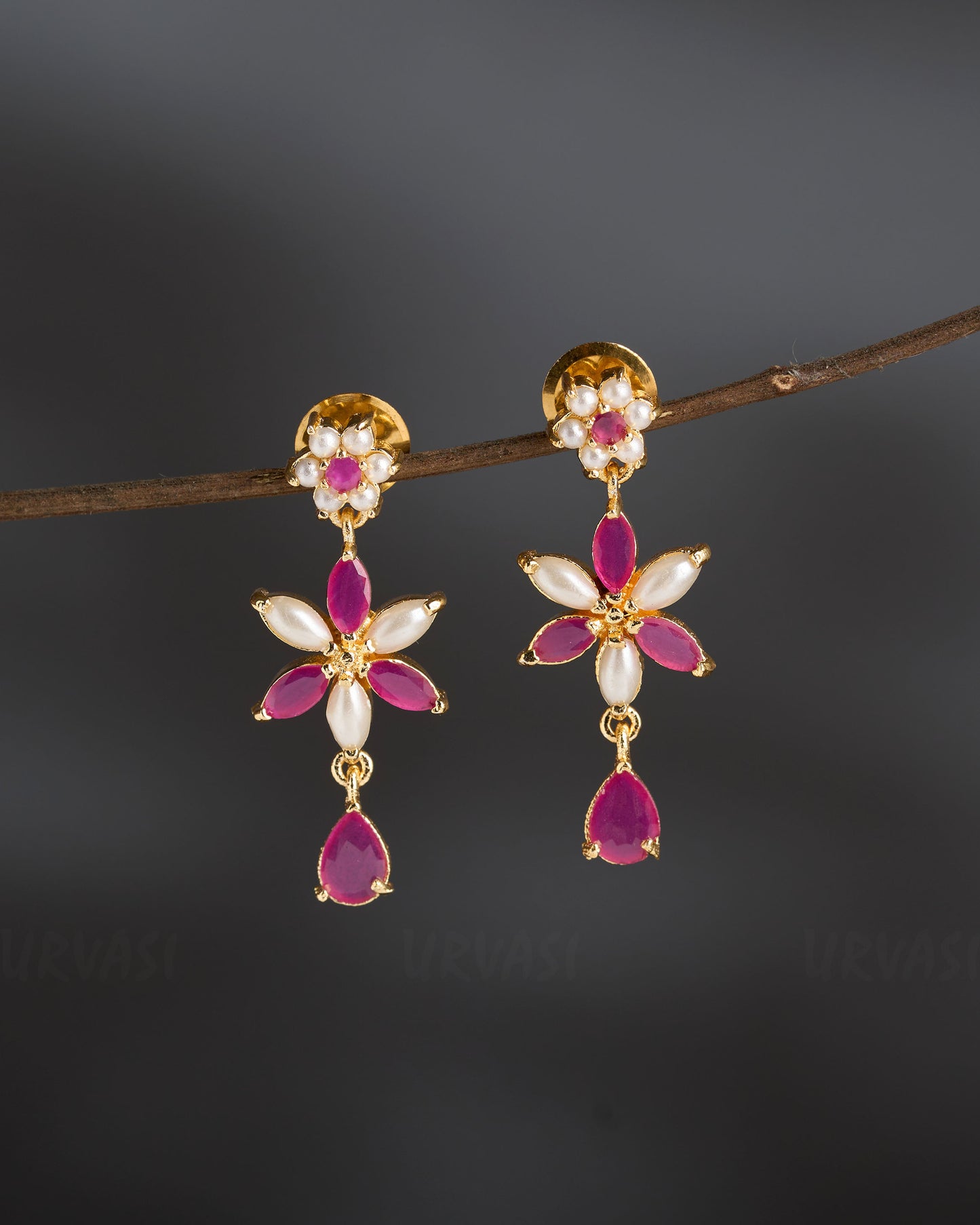 Gold-Polish Floral Pearl Earrings ER 847