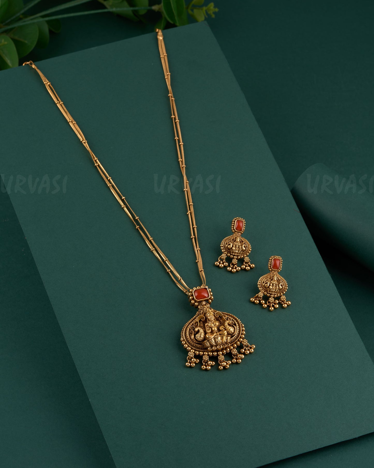 Gold Polish Temple Lakshmi Coral Necklace 1166