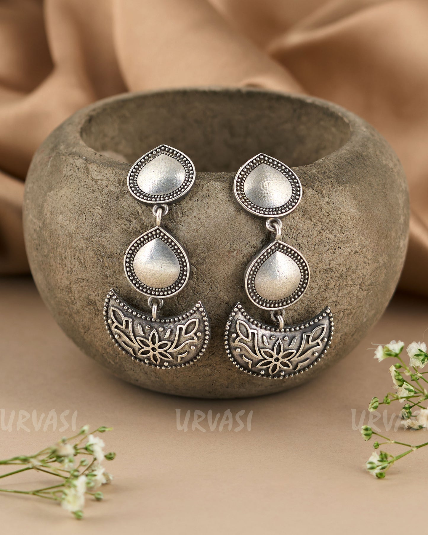 Oxidised Silver Tear-Drop Moonlit Bloom Earrings ER 221