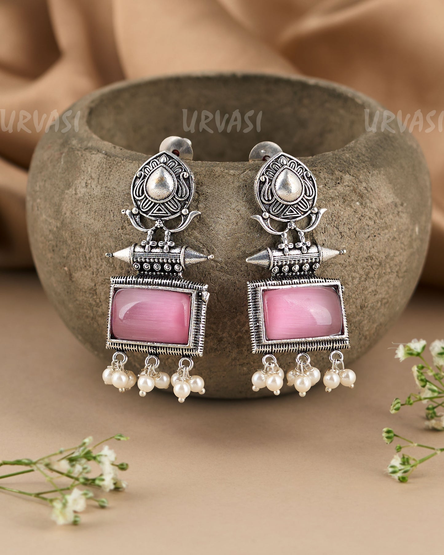 Oxidised Silver Rectangular Floral Motif Pearl Earrings ER 97