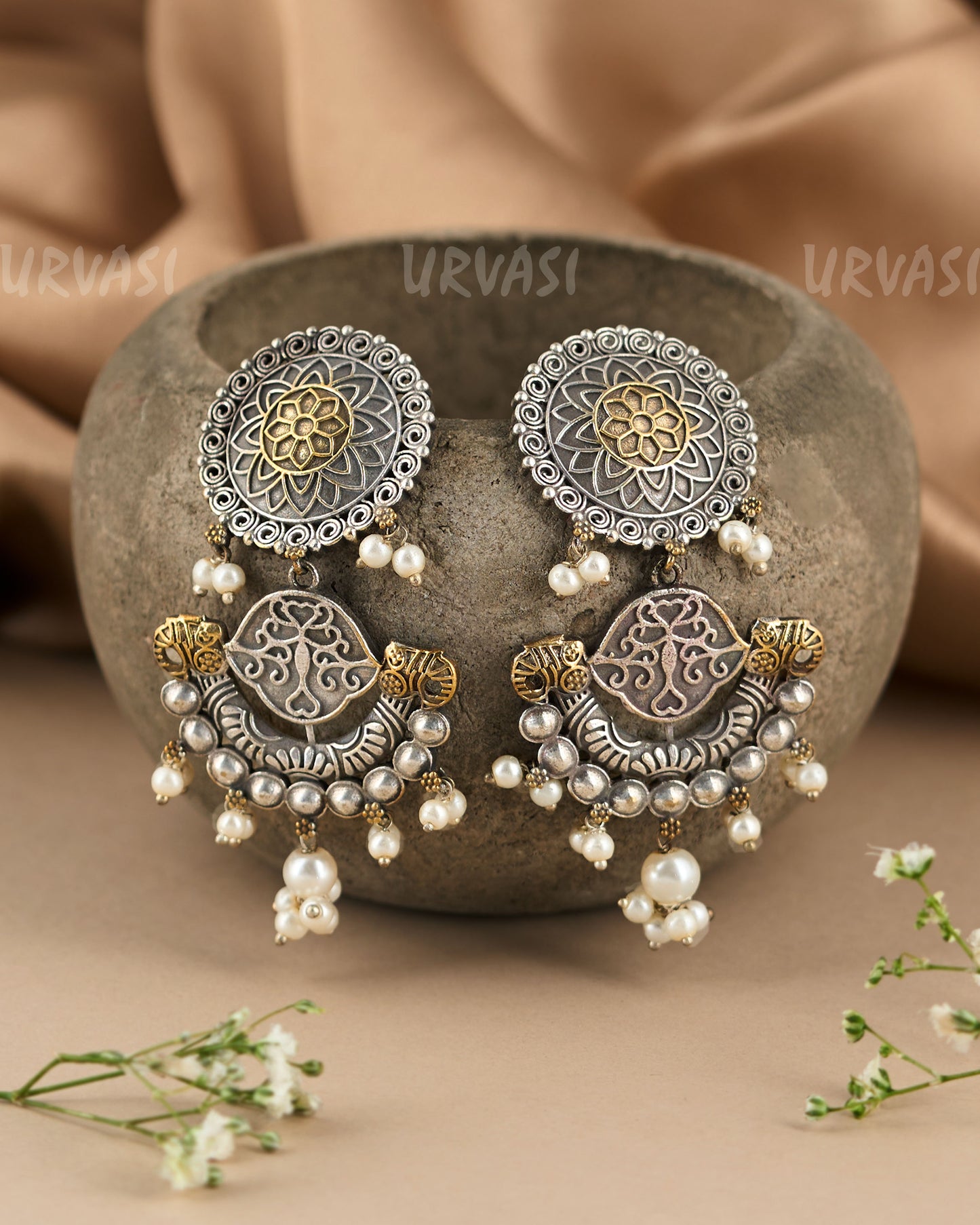 Oxidised Floral top Crescent Shaped Adorned Pearls Earrings ER 98