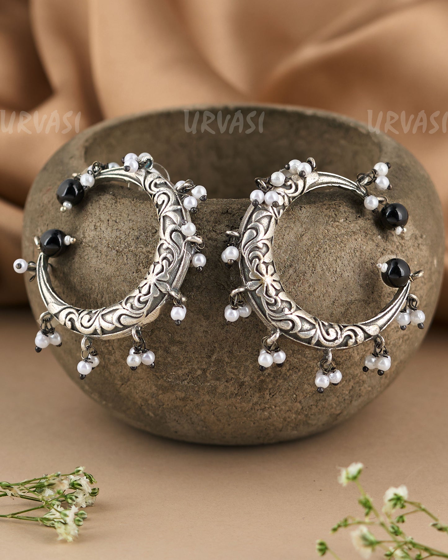 Oxidised Silver Crescent Shaped Half Hoop Earrings ER 436