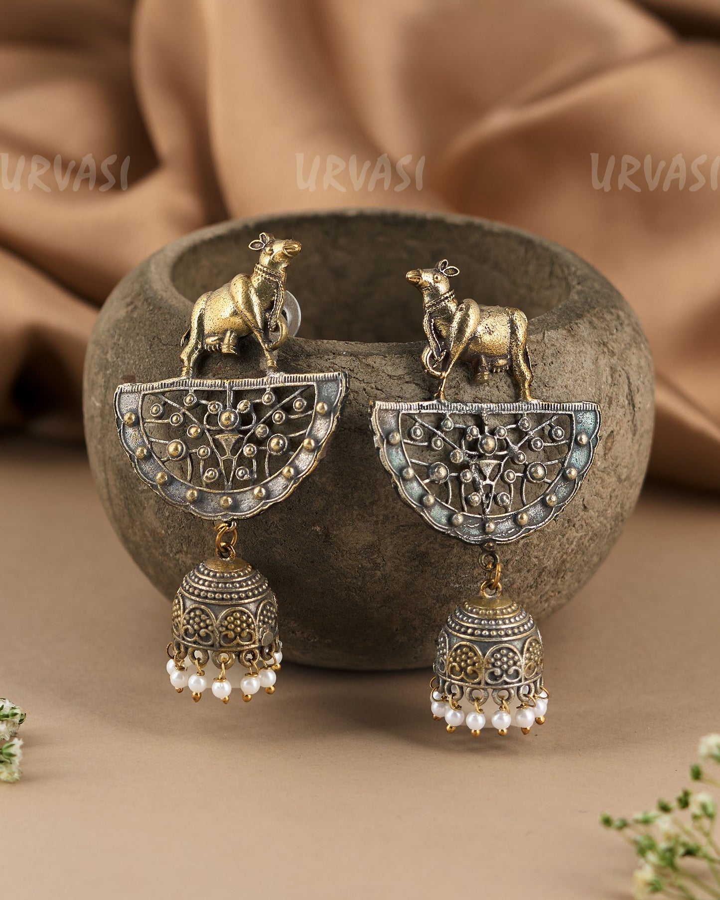 Oxidised Gold Nandi Bull Motif Dhokra Accents Dangler Jhumka Earrings ER 368