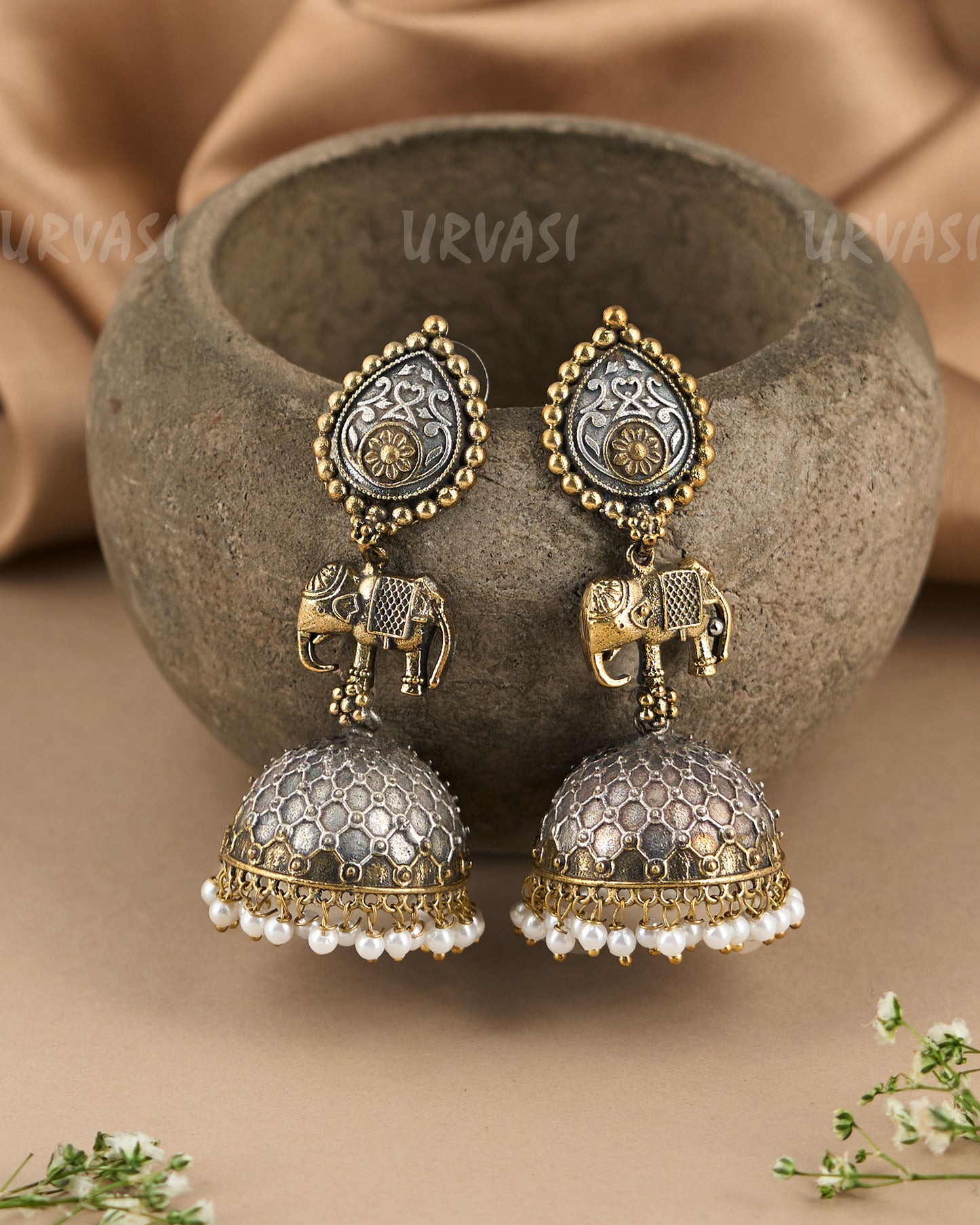 Dual-Toned Elephant Motif Jhumka Earrings ER 161