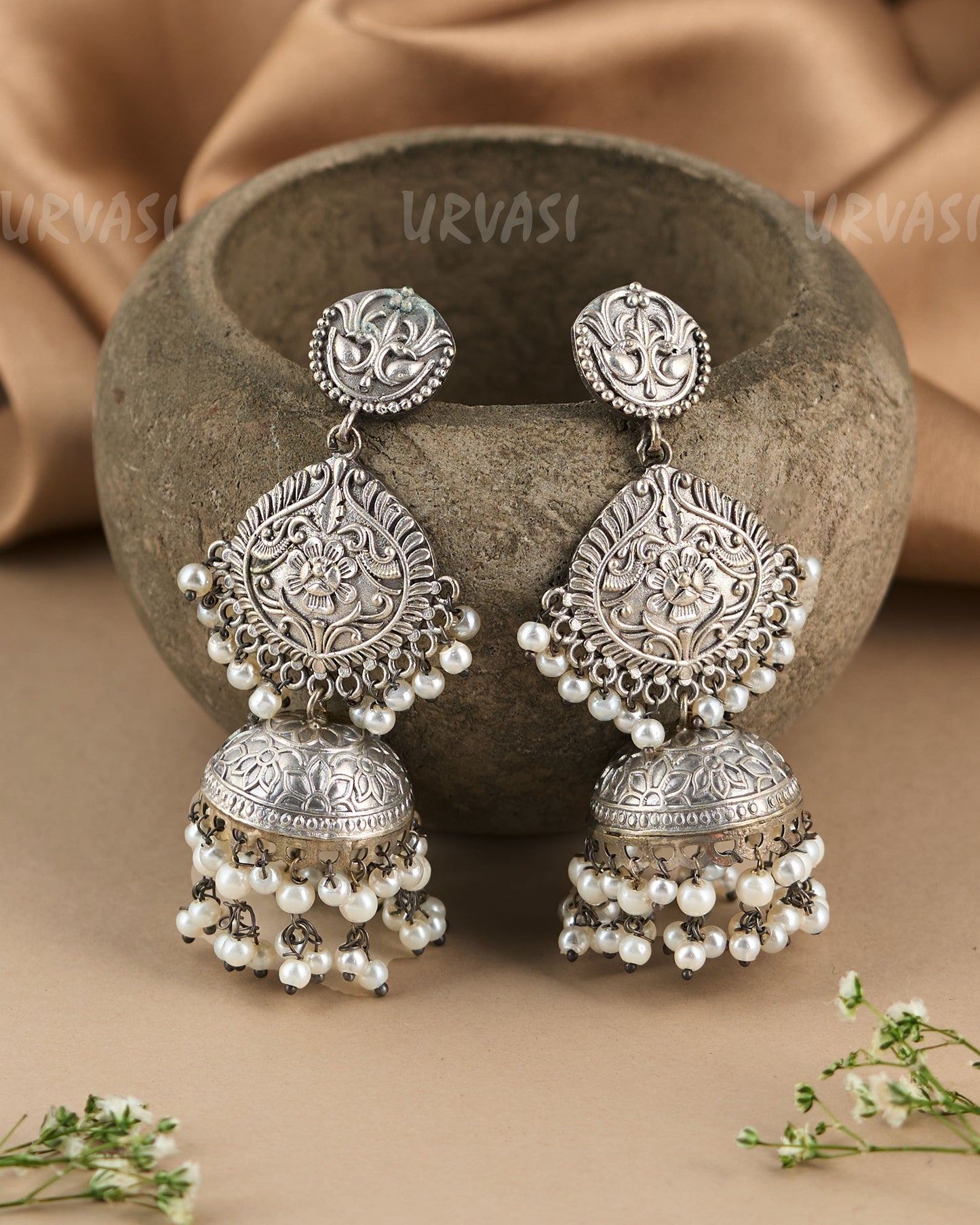 Oxidised Silver Ethnic Pearl Beaded Jhumka Earrings ER 148
