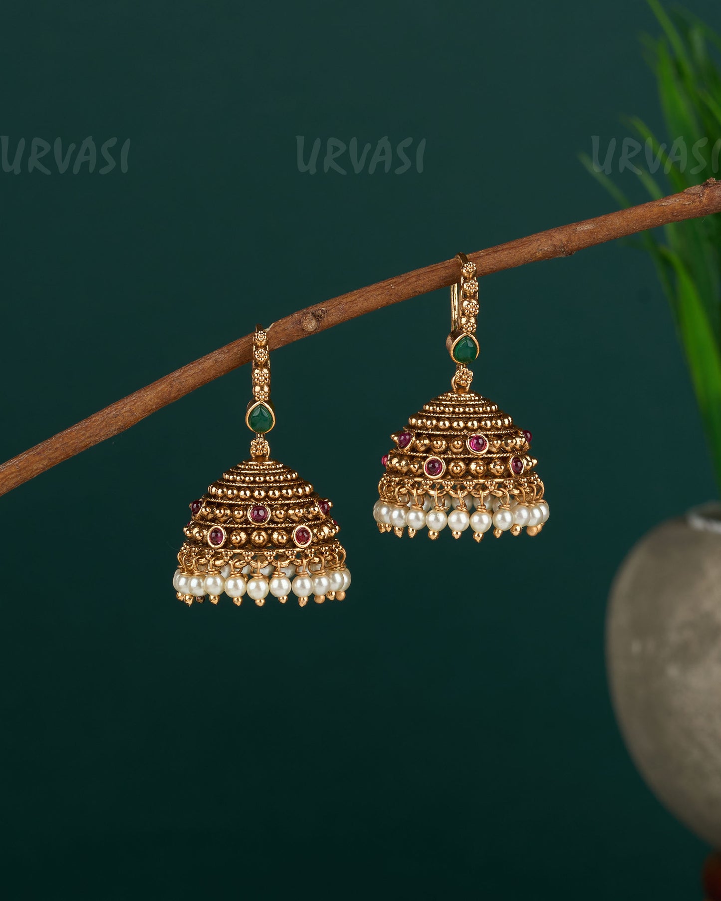 Gold-Toned Floral Pearl Hanging Jhumka Earrings ER 682