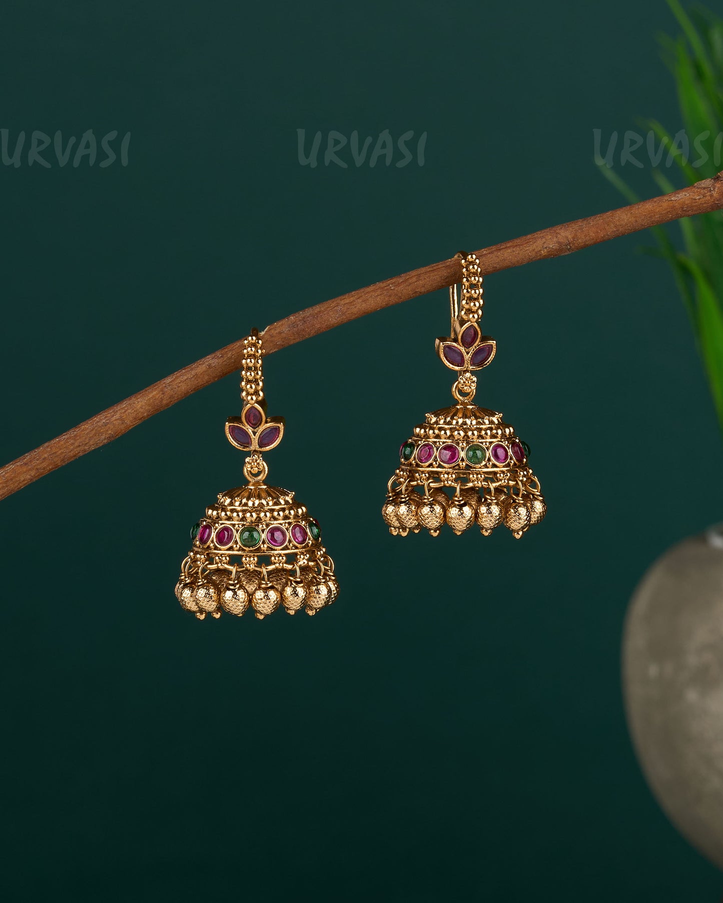 Gold-Toned Leaf-Designed Hanging Beaded Jhumka Earrings ER 681