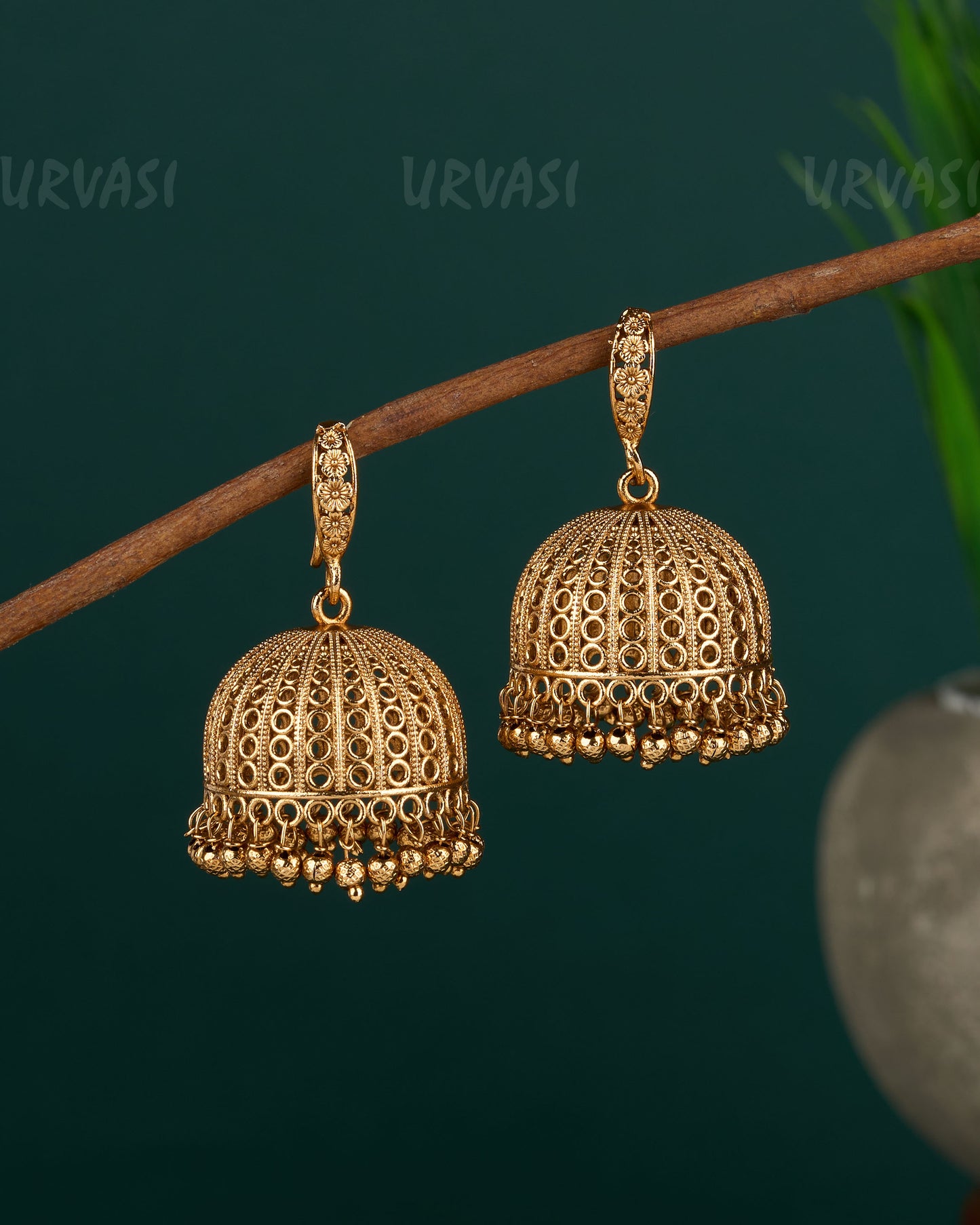 Gold-Toned Hollow Designed Hanging Jhumka Earrings ER 592
