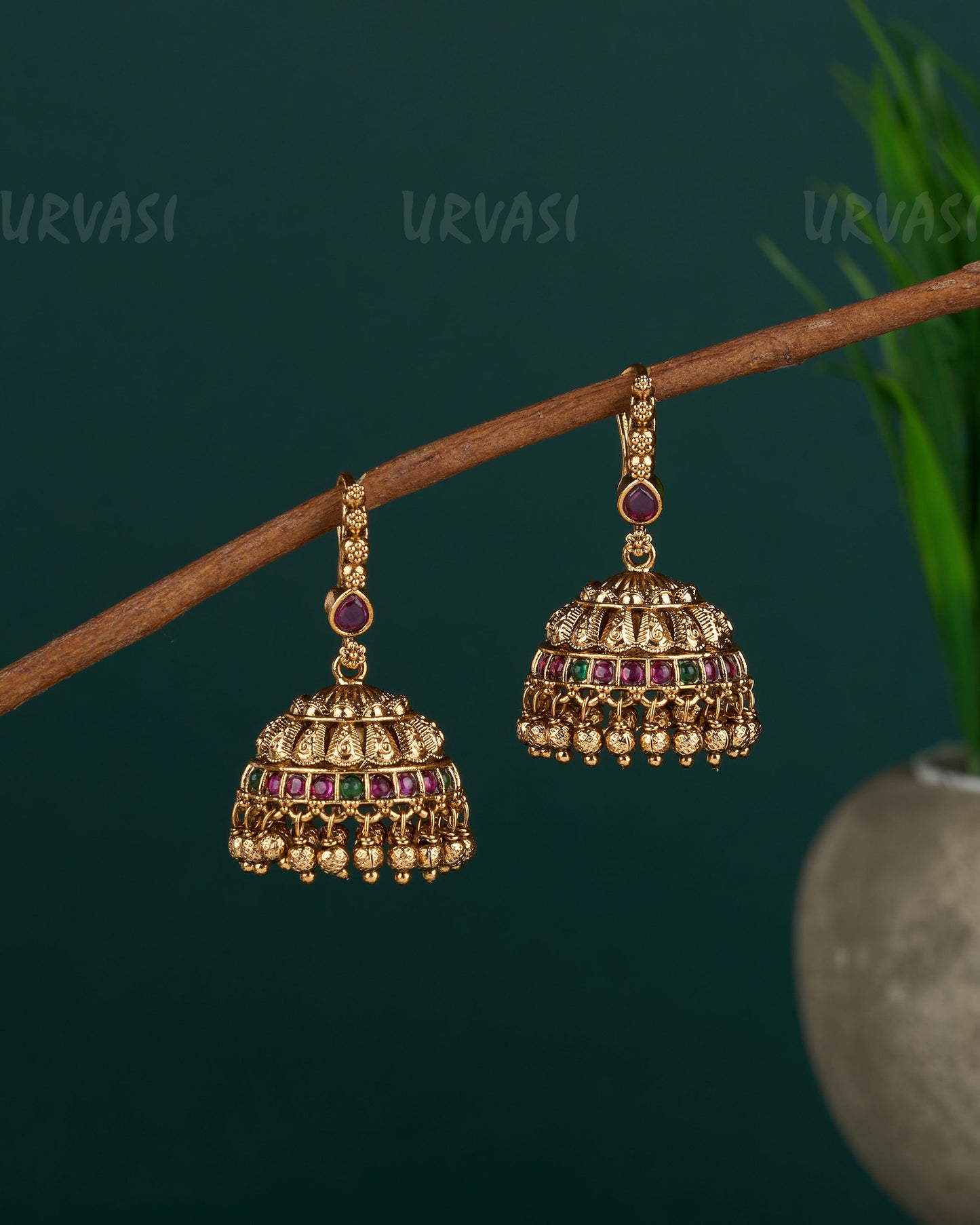 Gold-Toned Beaded Stone-Studded Jhumka Hanging Earrings ER 439