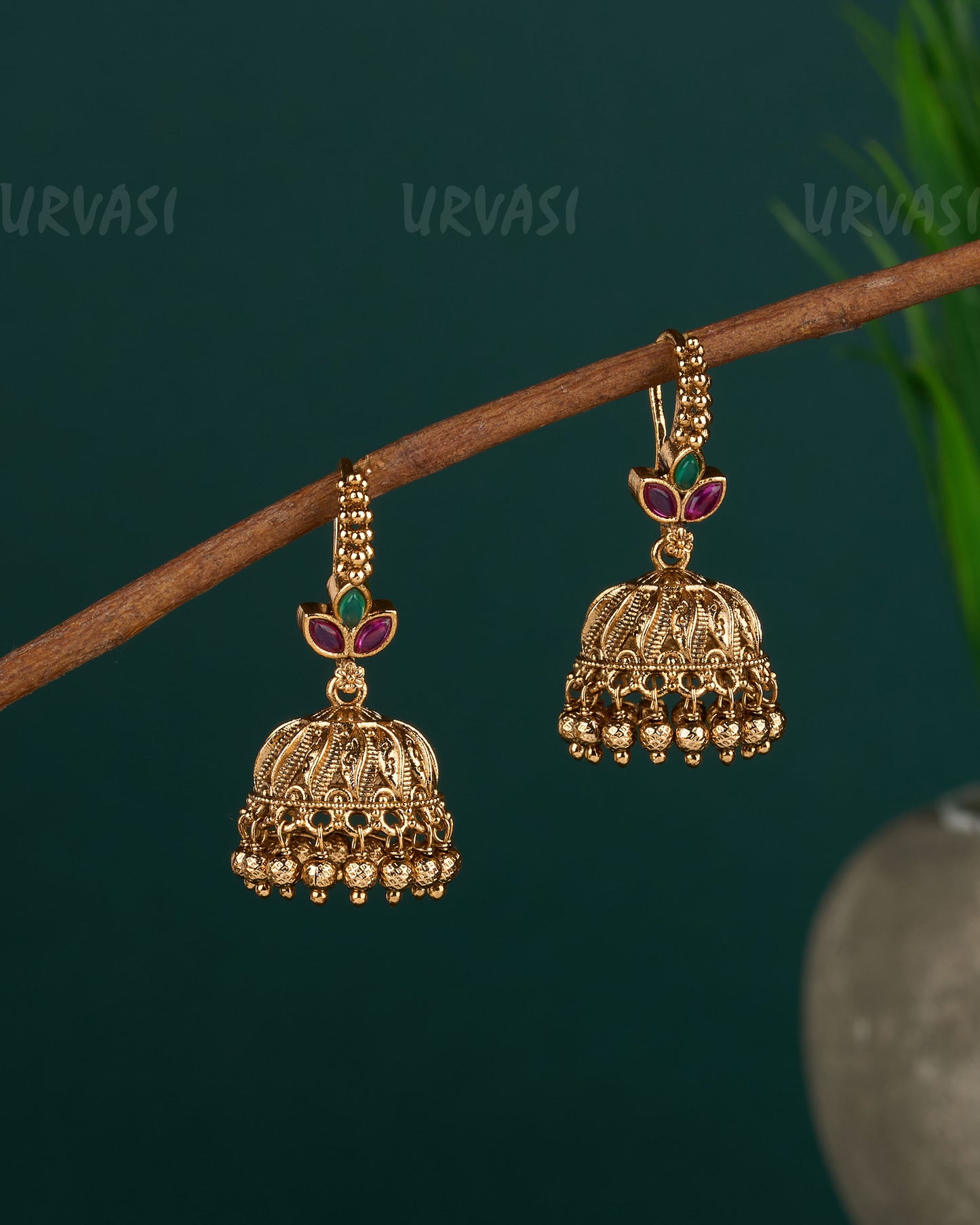 Gold-Toned Leaf-Designed Floral Jhumka Hanging Earrings ER 412