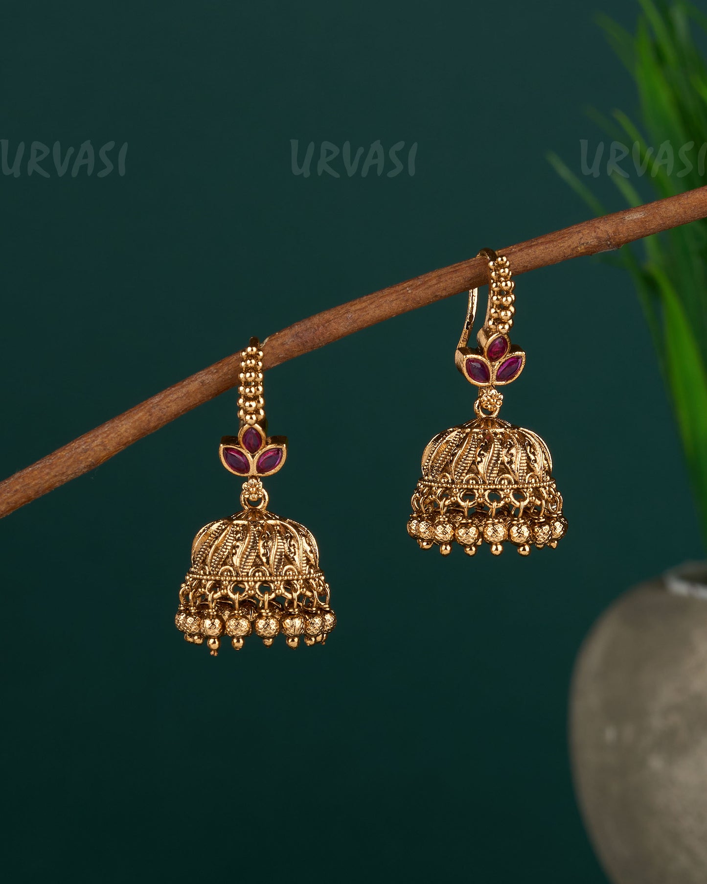 Gold-Toned Leaf-Designed Floral Jhumka Hanging Earrings ER 412