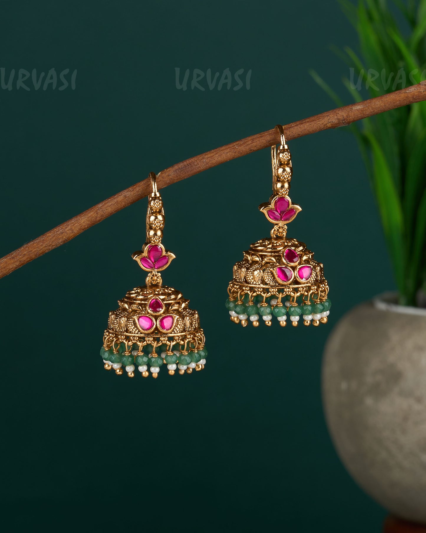 Gold-Toned Peacock Motif Beaded Hanging Jhumka ER 04