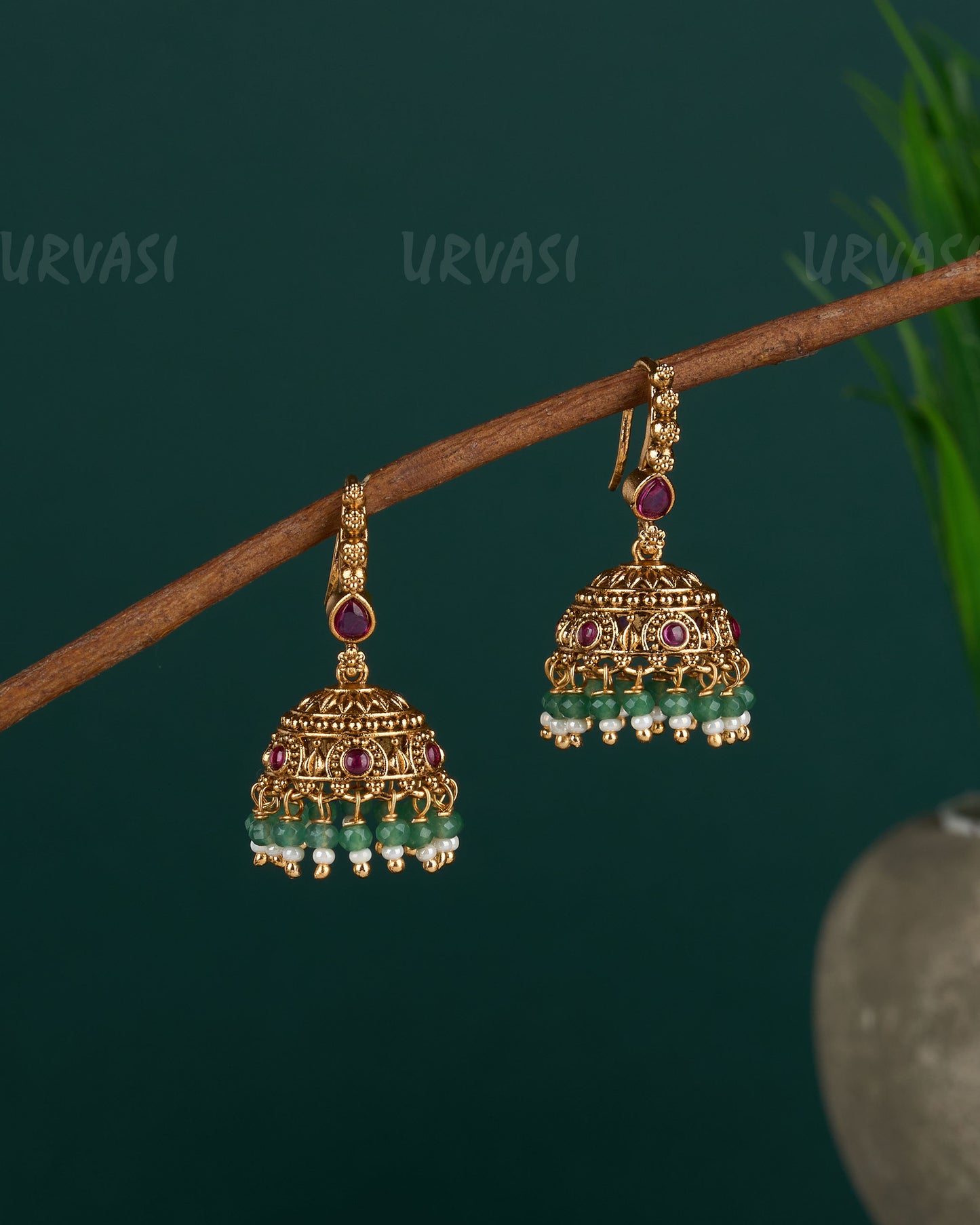 Gold-Toned Floral Pastel Bead Hanging Jhumka Earrings ER 09