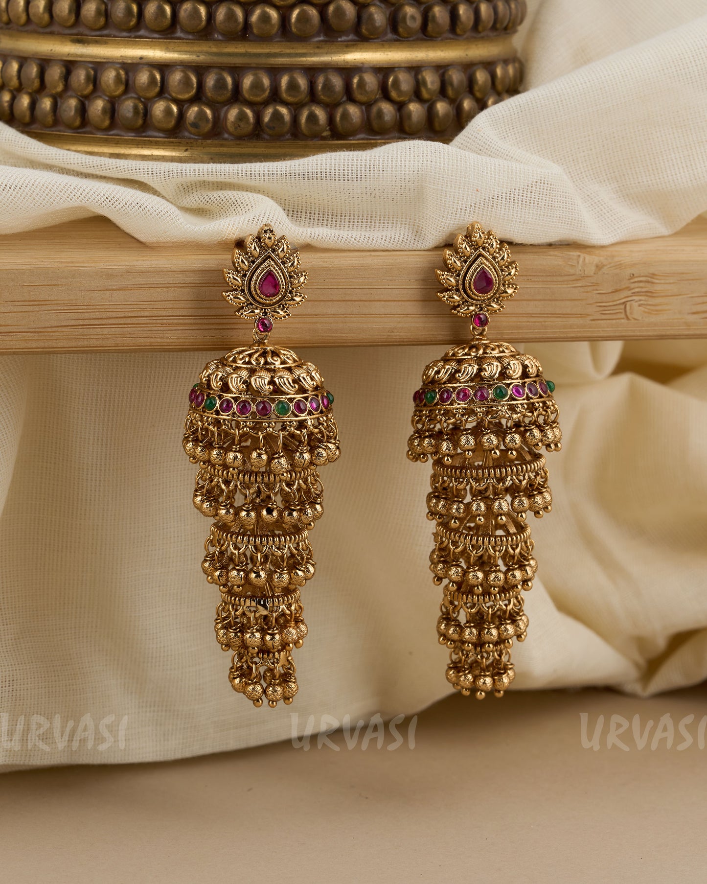 Gold-Toned Floral Layered Jhumka Earrings ER 165