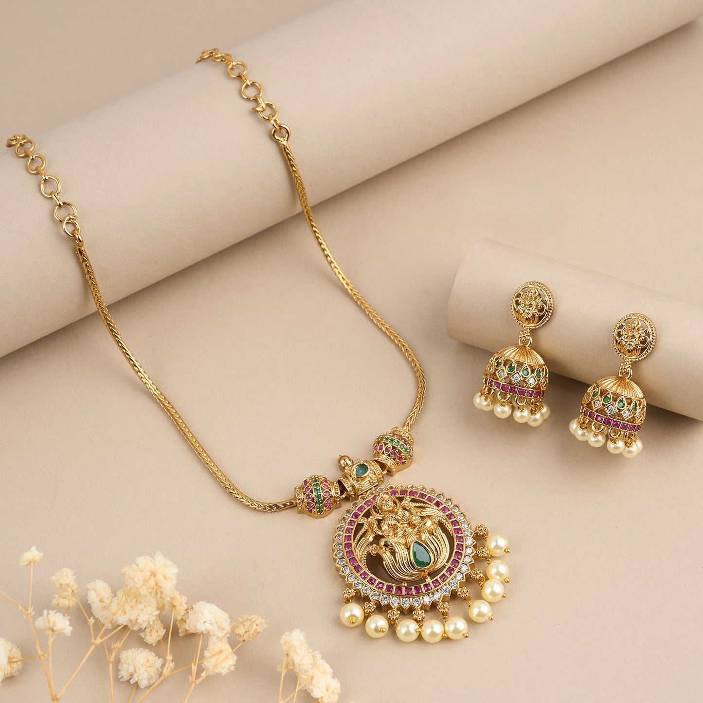 Gold-Polish Lakshmi AD Pearl Hanging Necklace 294