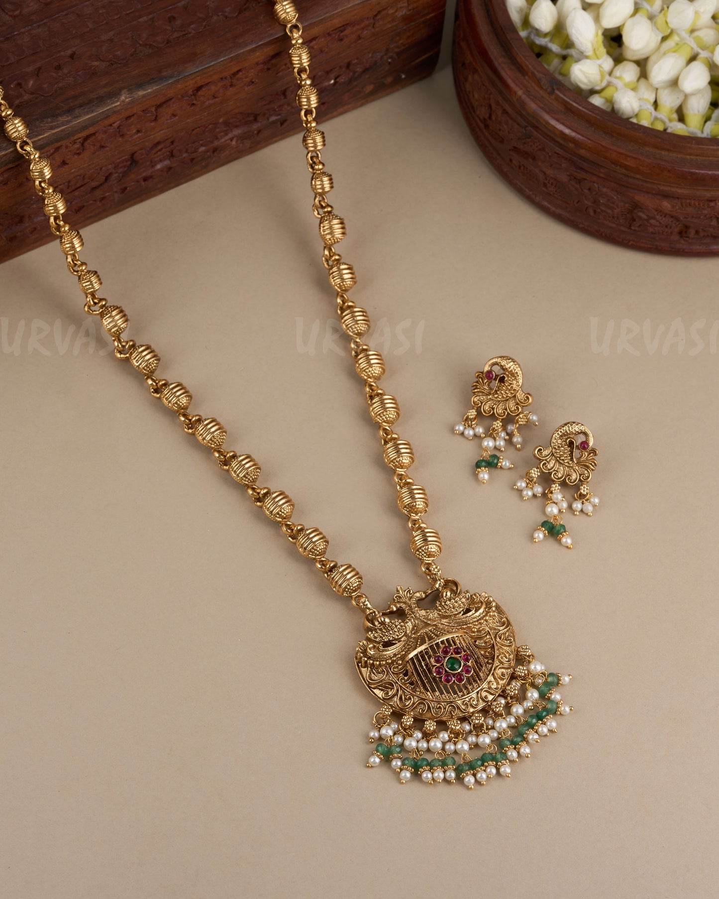 Gold-Toned Mayur Motif Padma Pearl Long Necklace 064