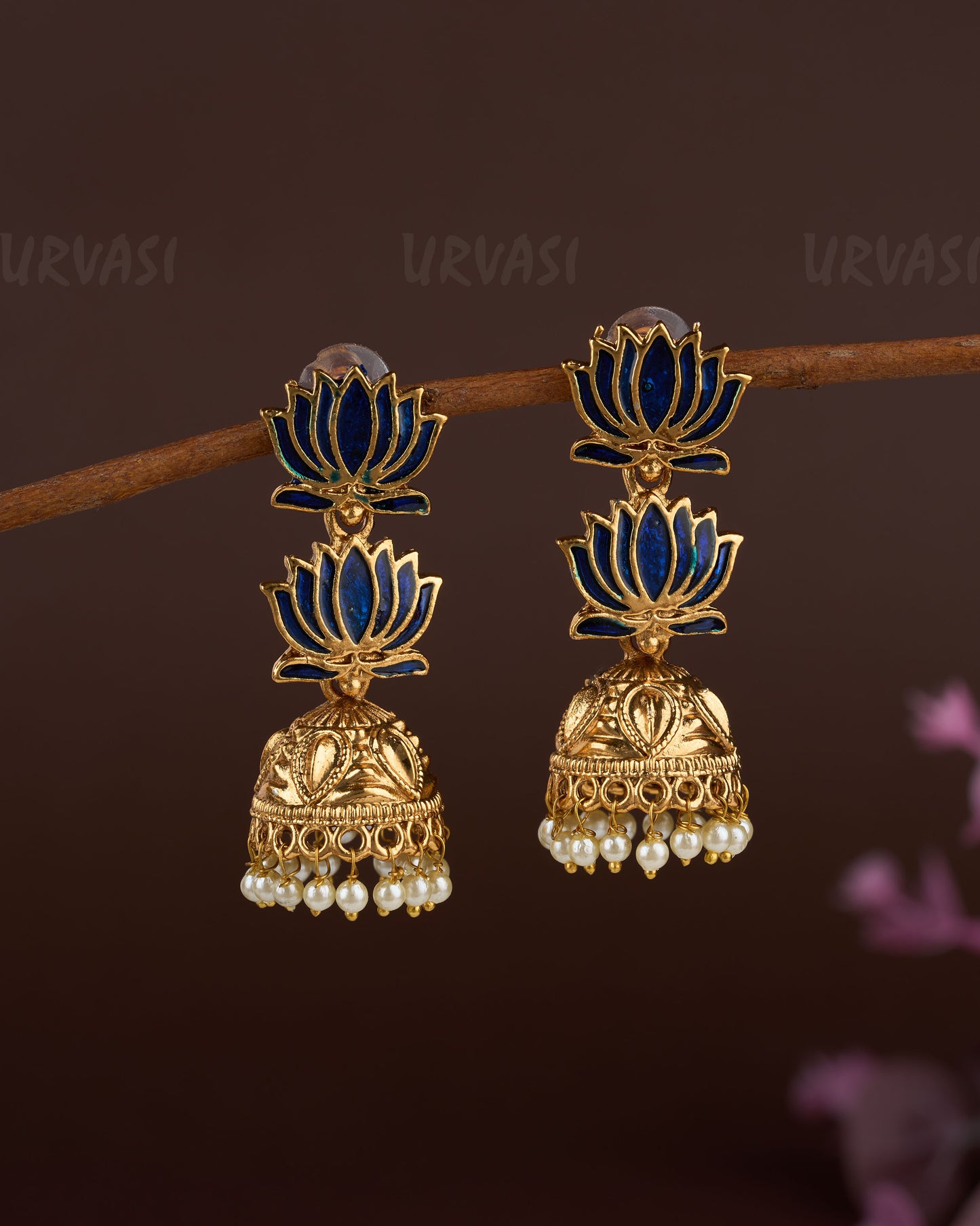 Gold Toned Lotus Hand-made Two Layer Jhumka Earrings ER 749