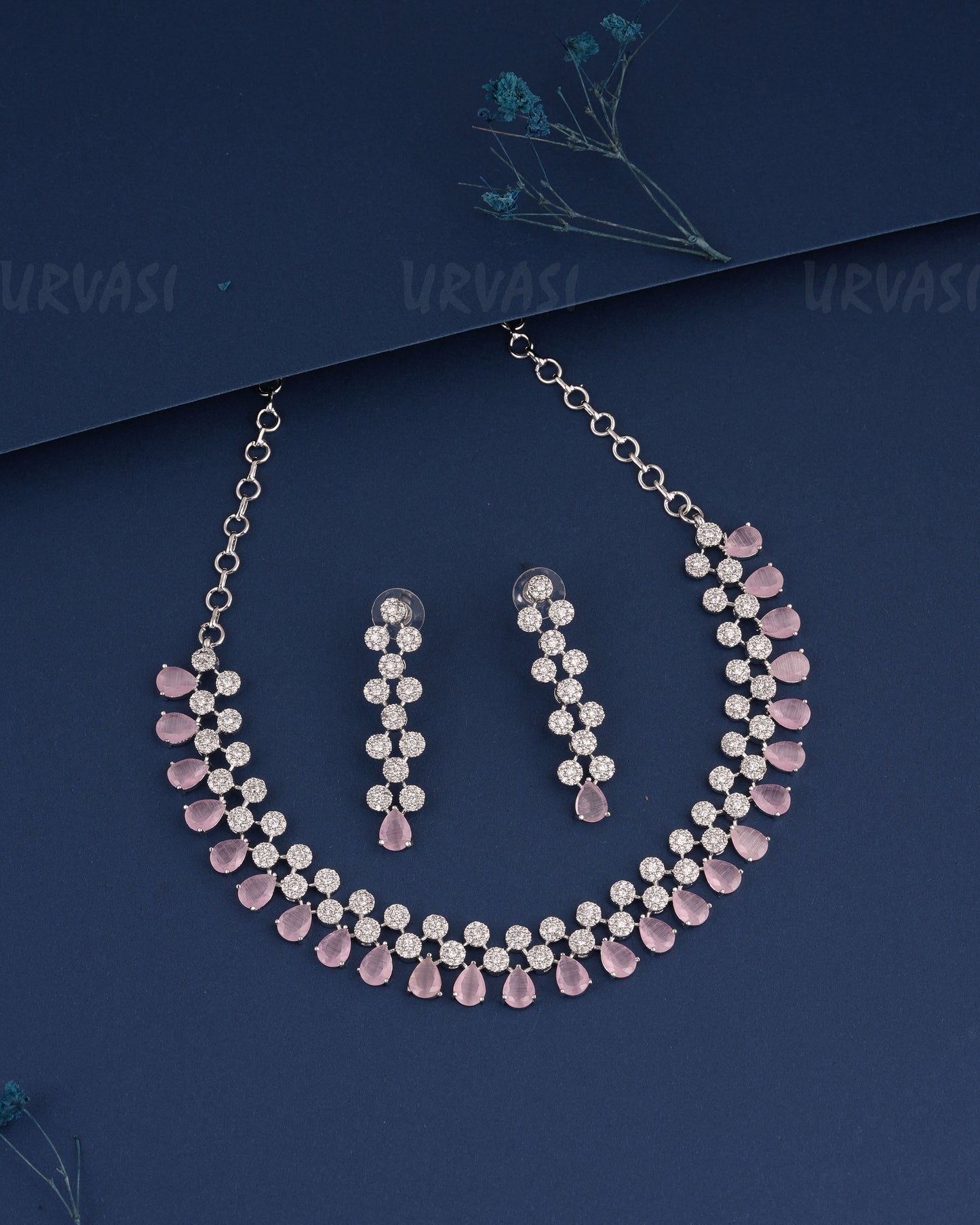 Rhodium Polish Tear-Drop Designed AD Necklace 1495