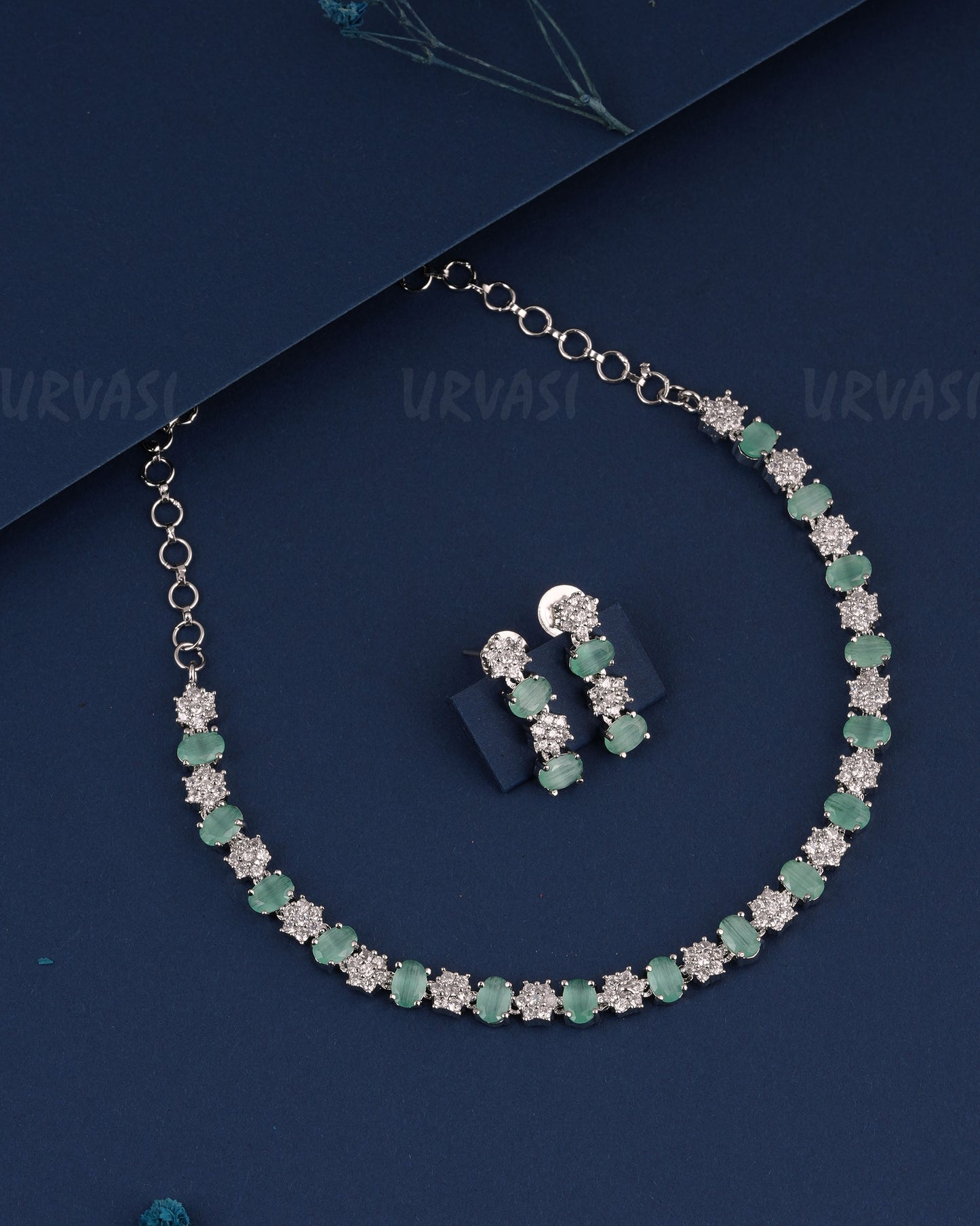 Rhodium Polish Floral Stone-Studded AD Necklace 1487