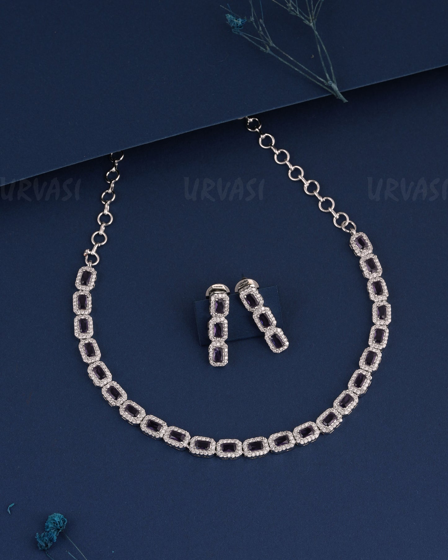 Rhodium Polish Stone-Studded Box-Designed AD Necklace 986