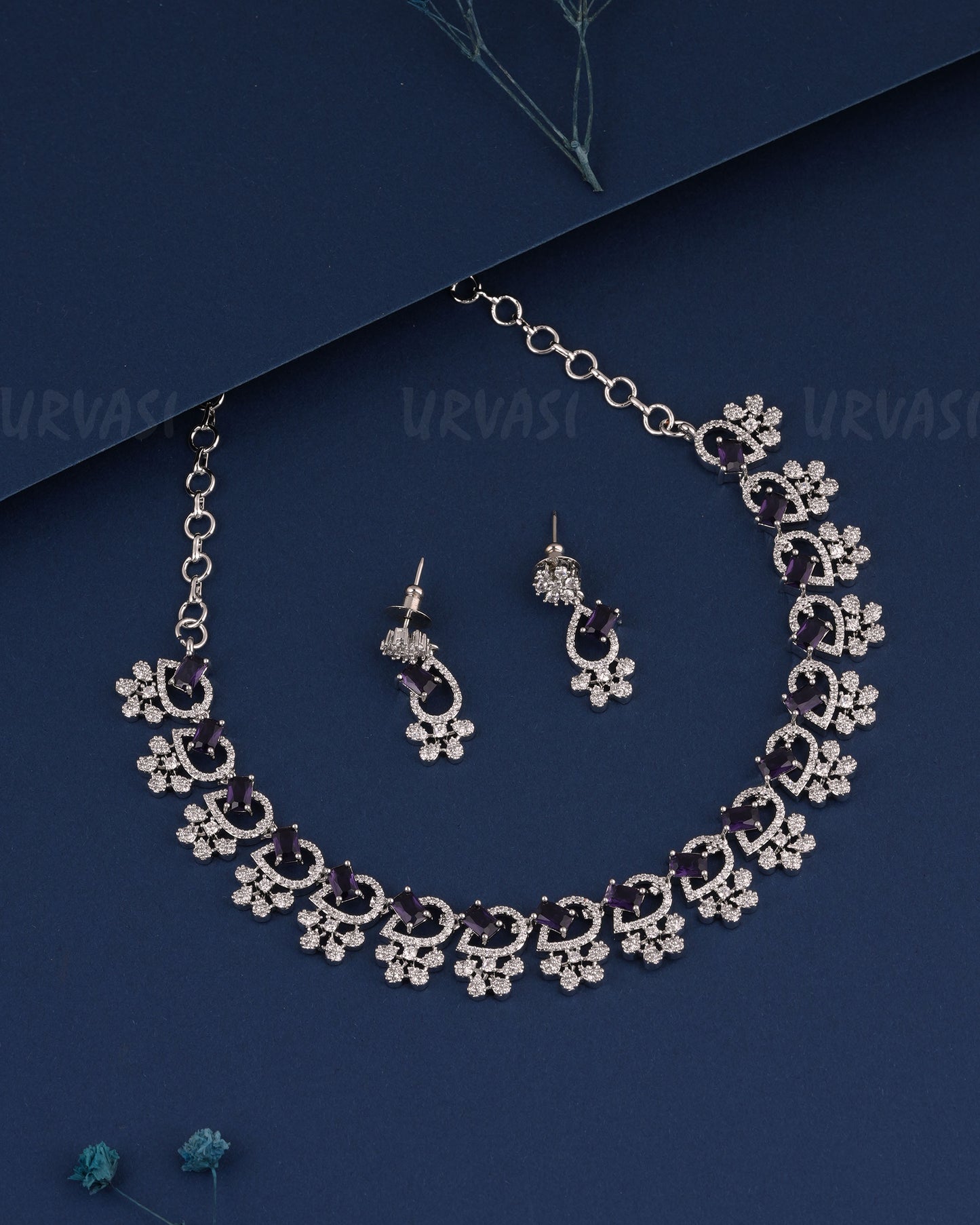 Rhodium PolishFloral Stone-Studded AD Necklace 1511