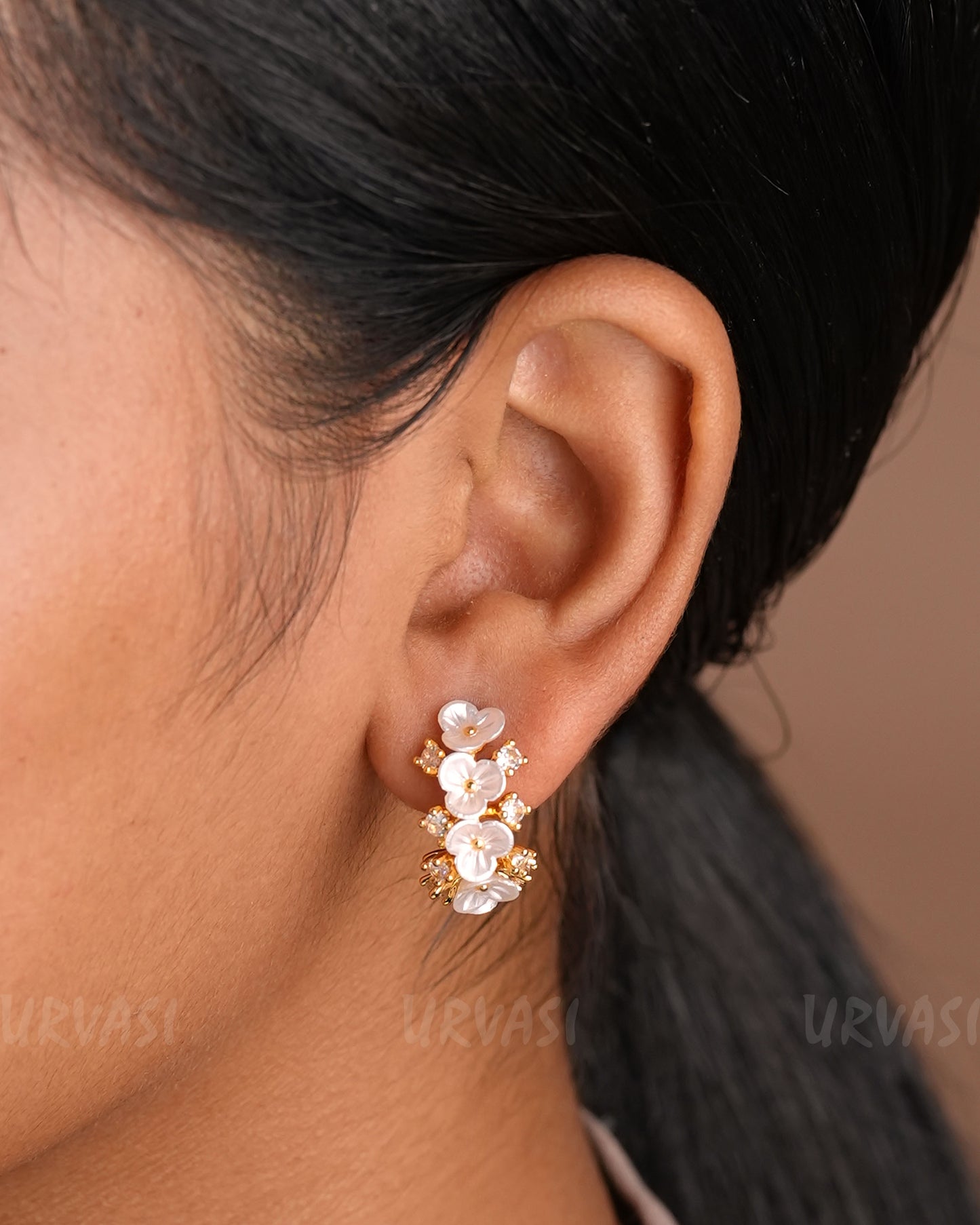 Rhodium Polish Floral Hoop Stud Earrings ER 149
