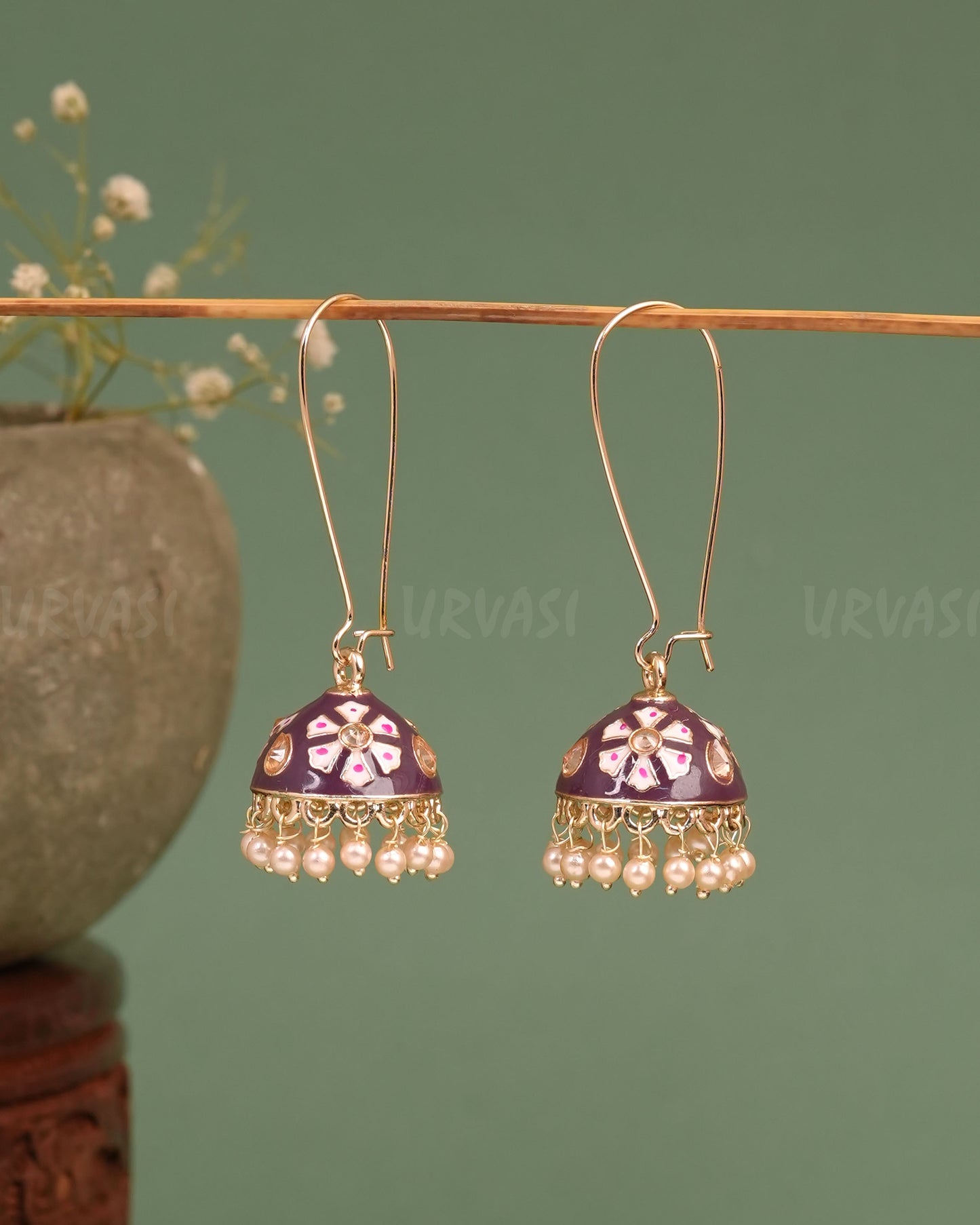 Gold-Polish Meenakari Hanging Jhumka Earrings ER 646