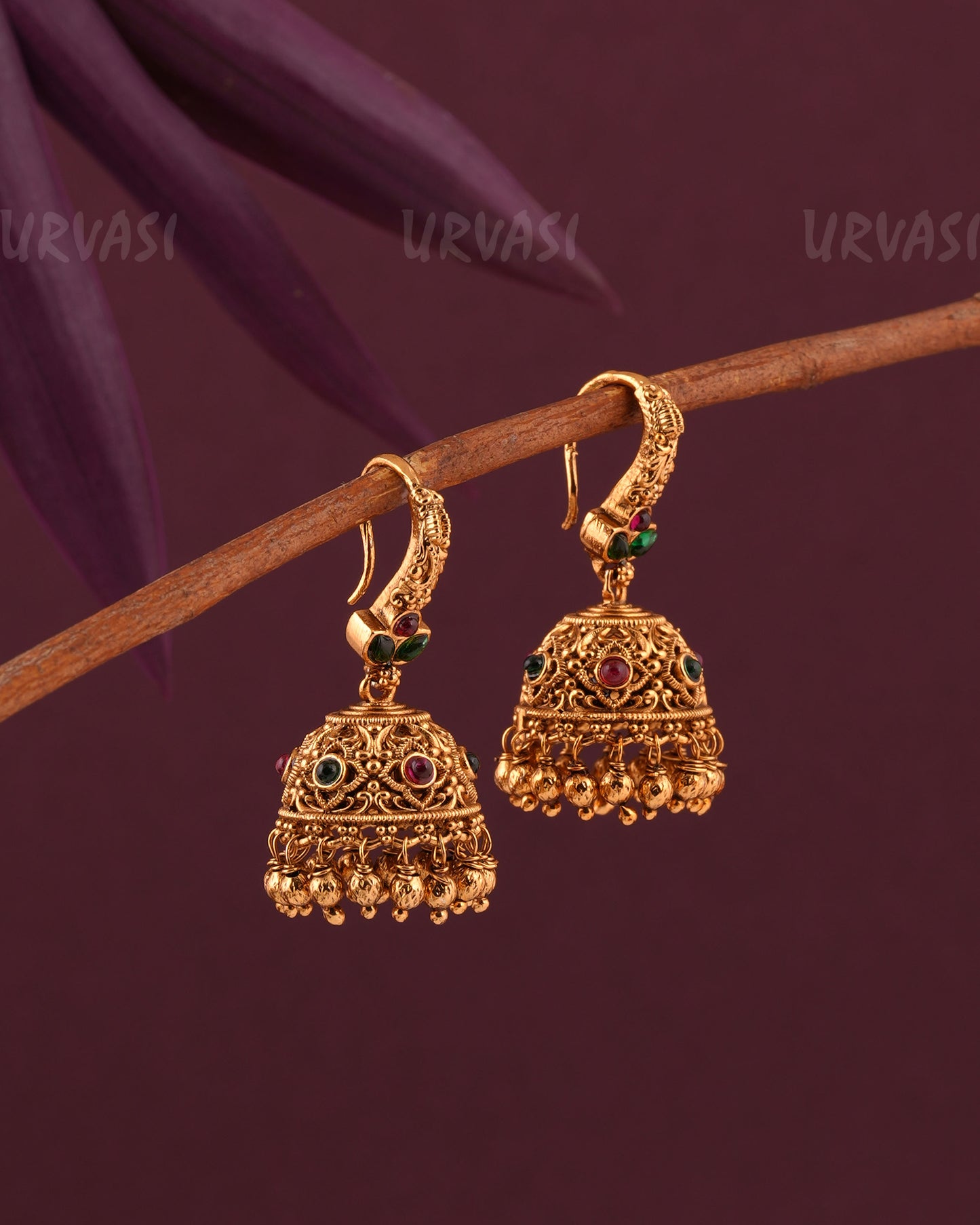 Gold-Toned Floral Leaf-Motif Hanging Jhumka Earrings ER 966