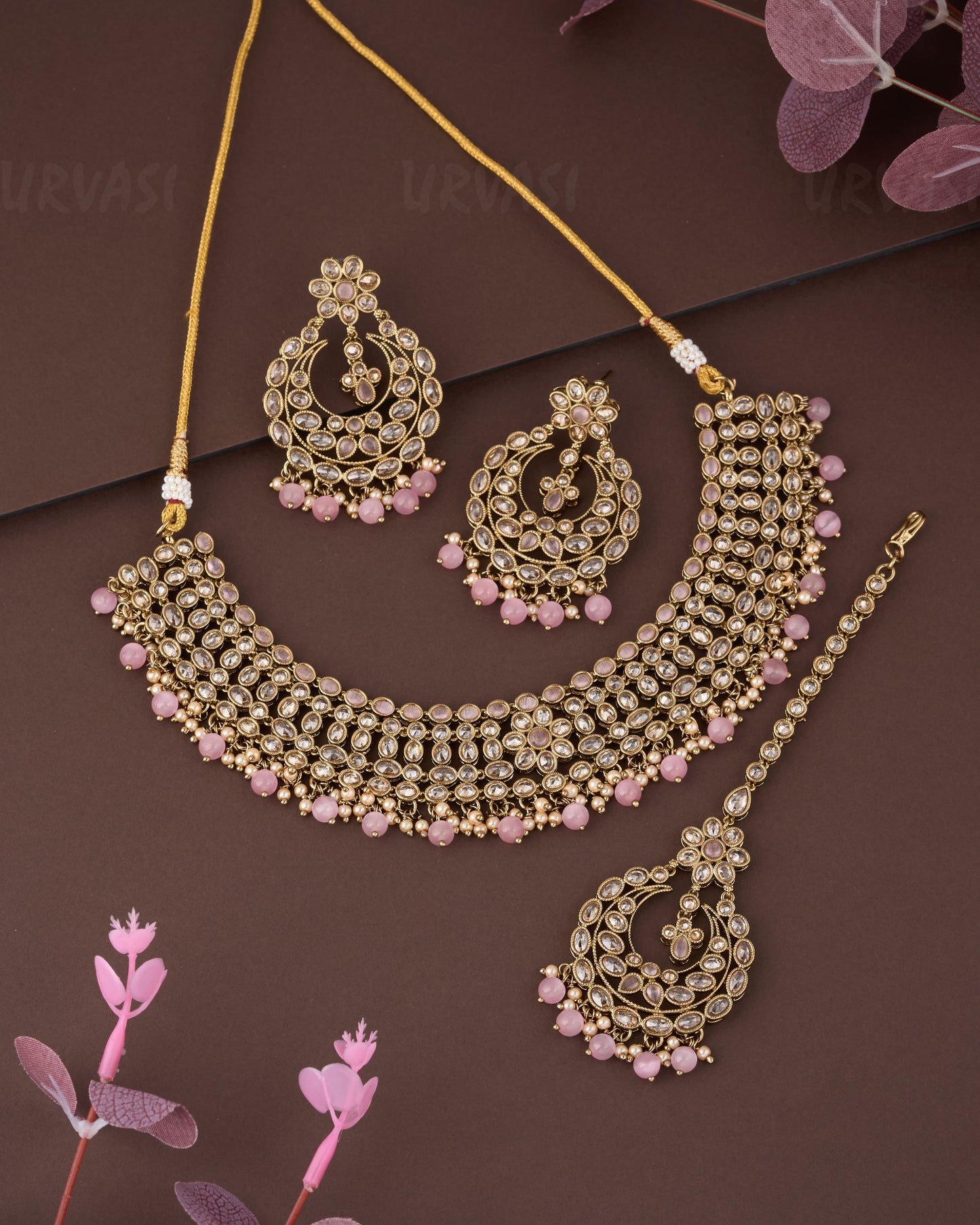 Premium Pink+Mehendi Polish Necklace 890