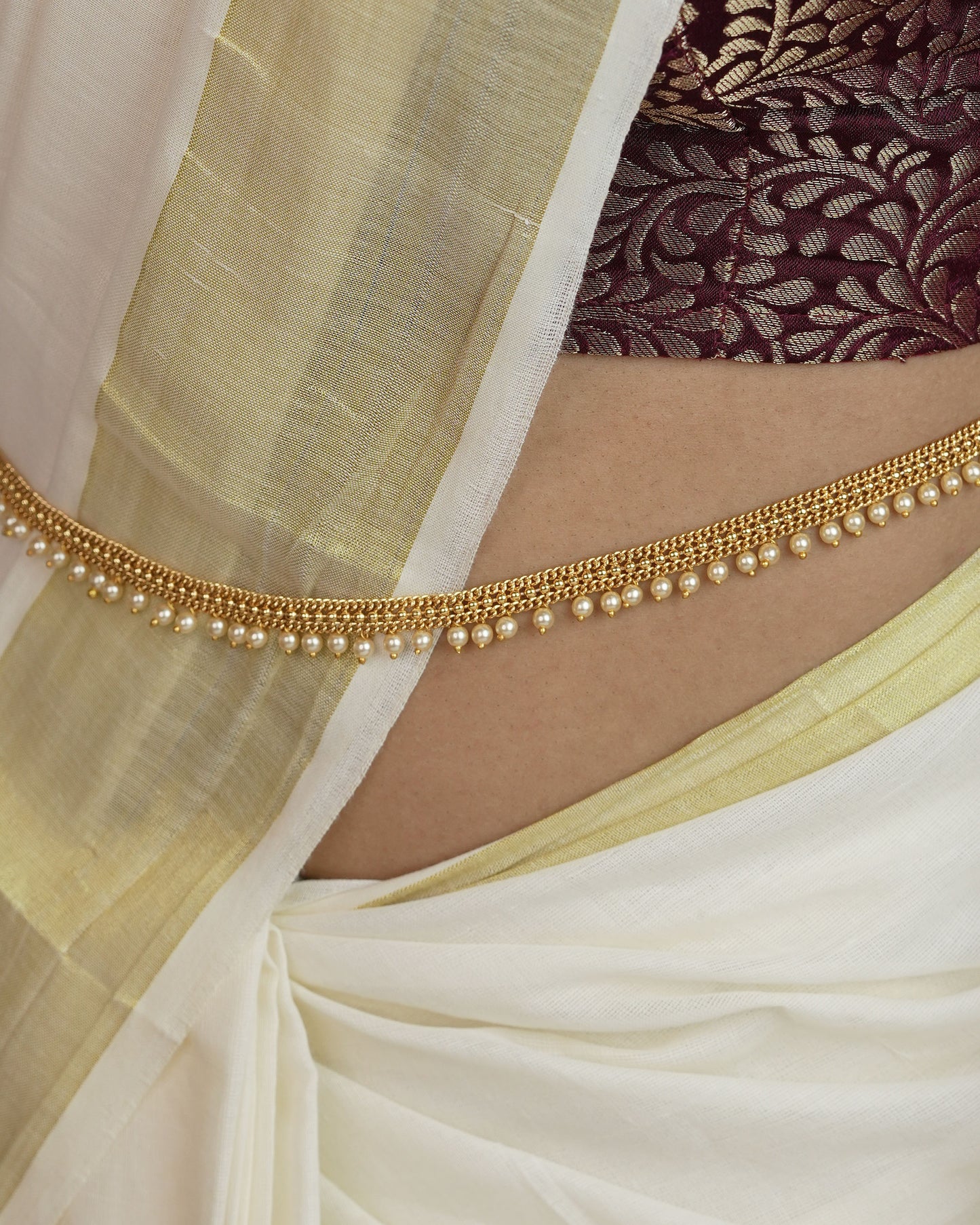 Gold-Toned White pearl Hanging Hip Chain HC 70