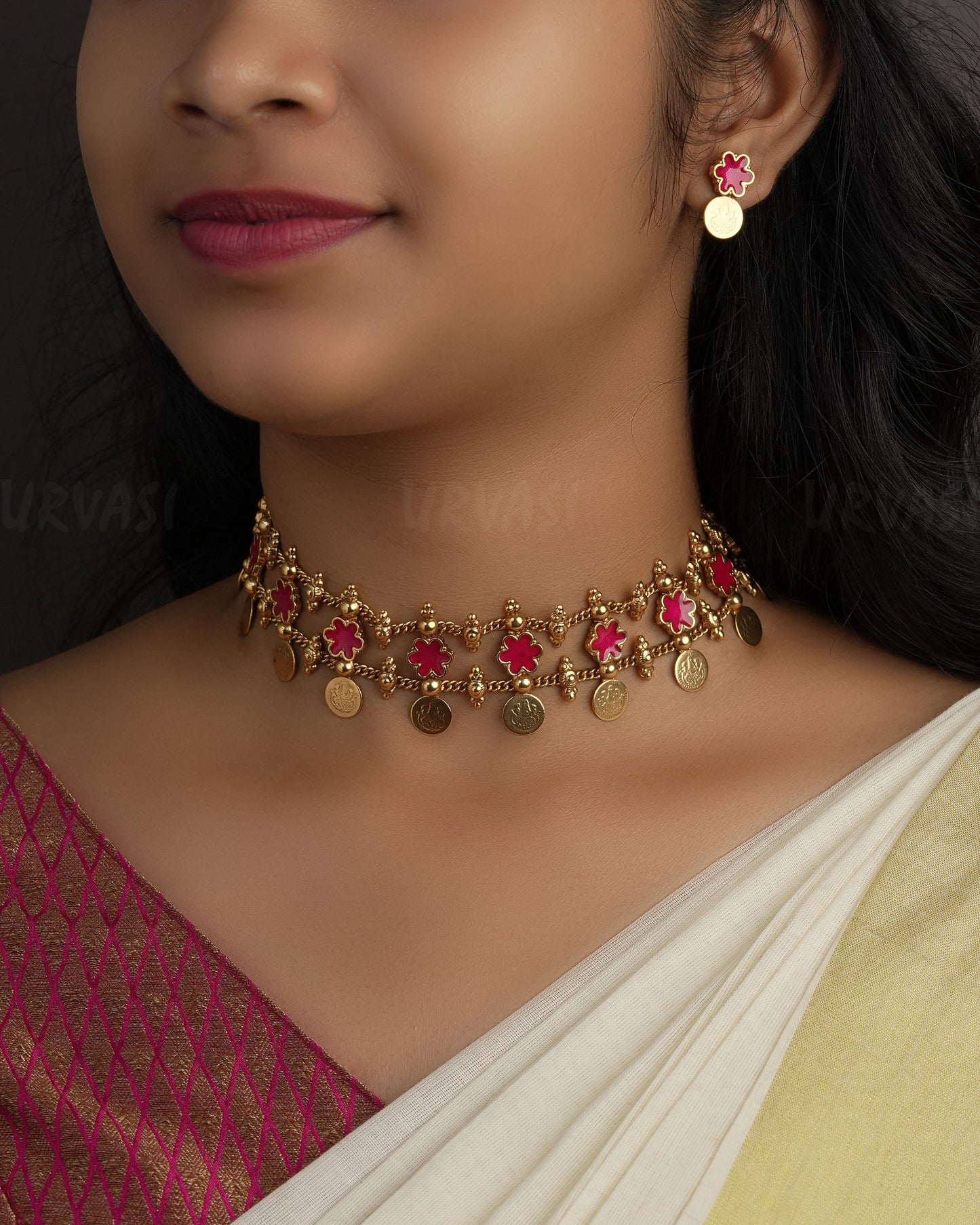 Gold-Toned Floral Lakshmi Kaasu Choker Necklace 1154