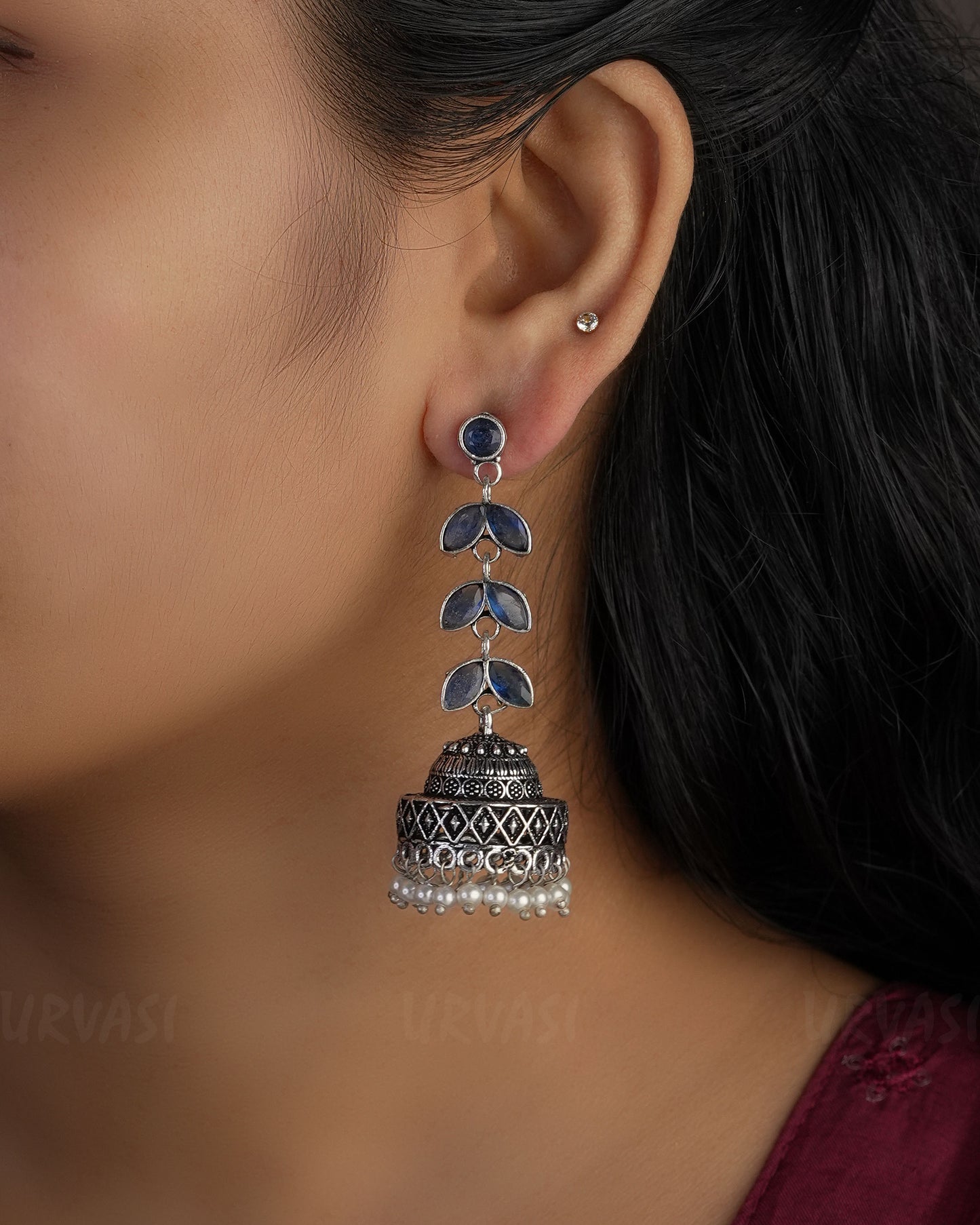 Leaf Motif Oxidised Silver Jhumka Earrings ER 496