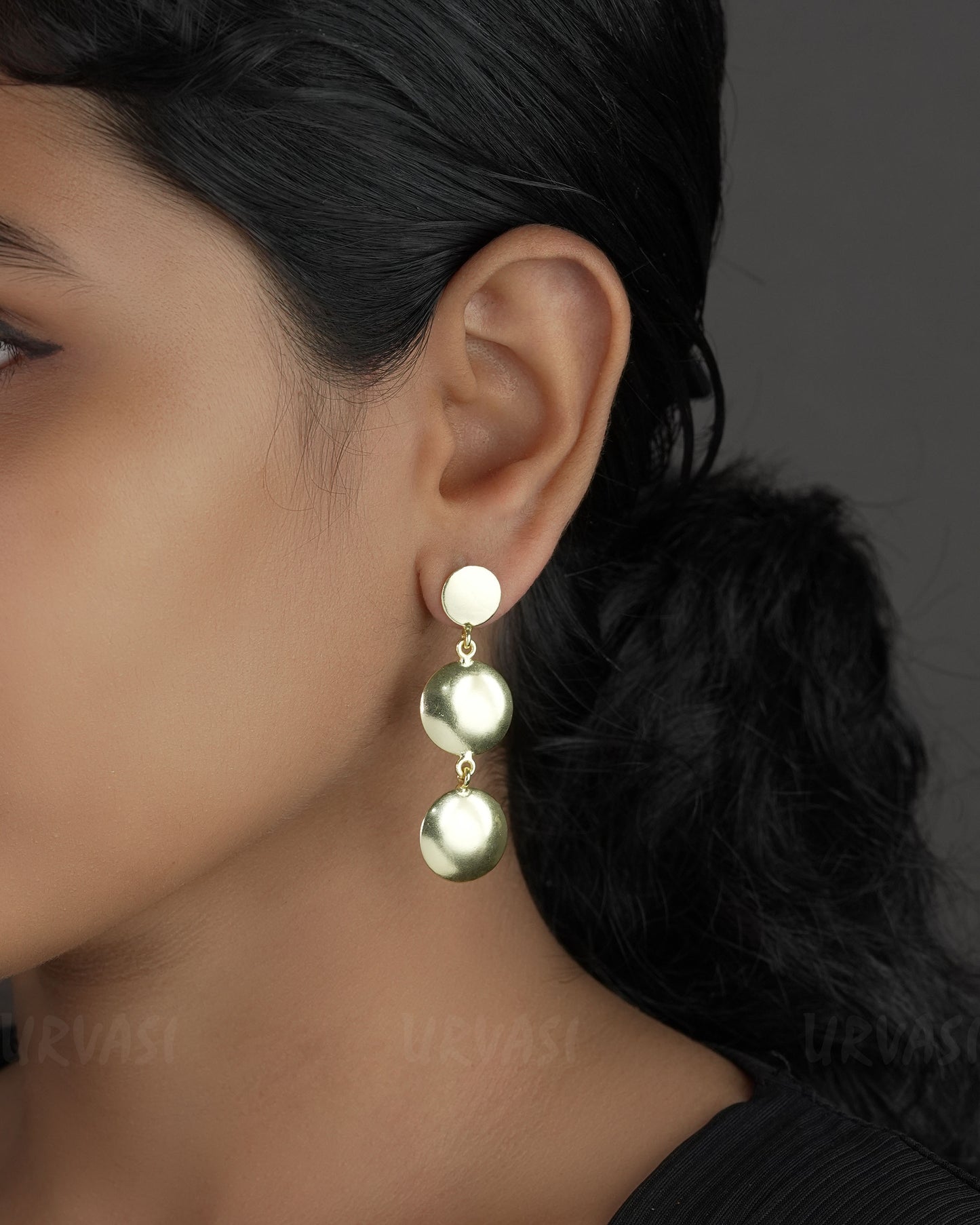 Glossy Gold-Toned Triple Drop Disc Dangle Earring ER 722