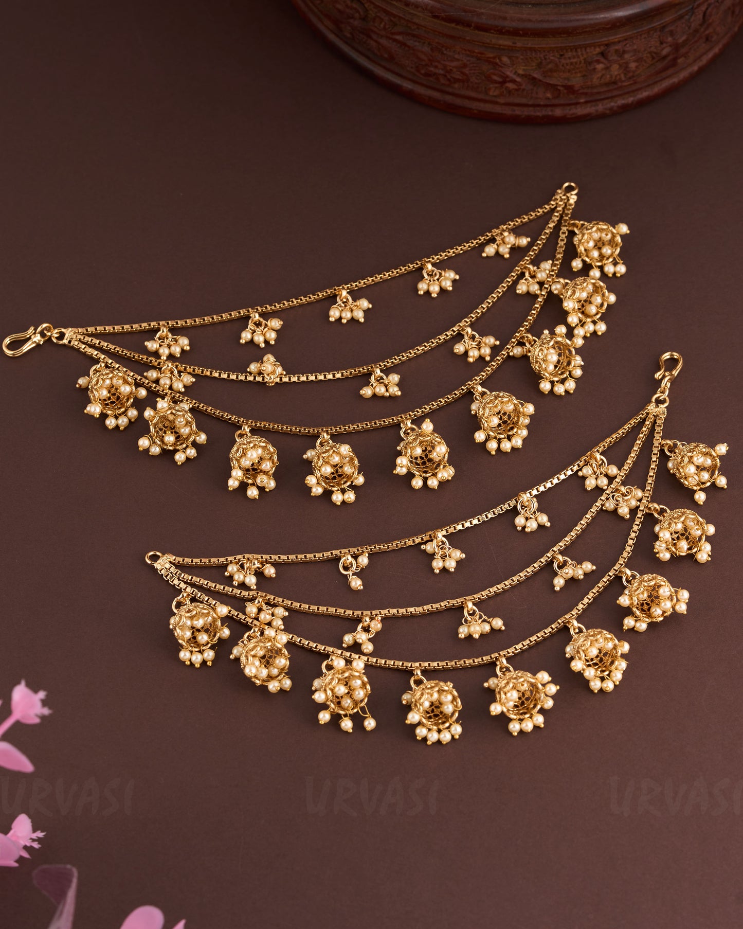 Gold-Toned Jhumka Pearl Ear Chain EC 18