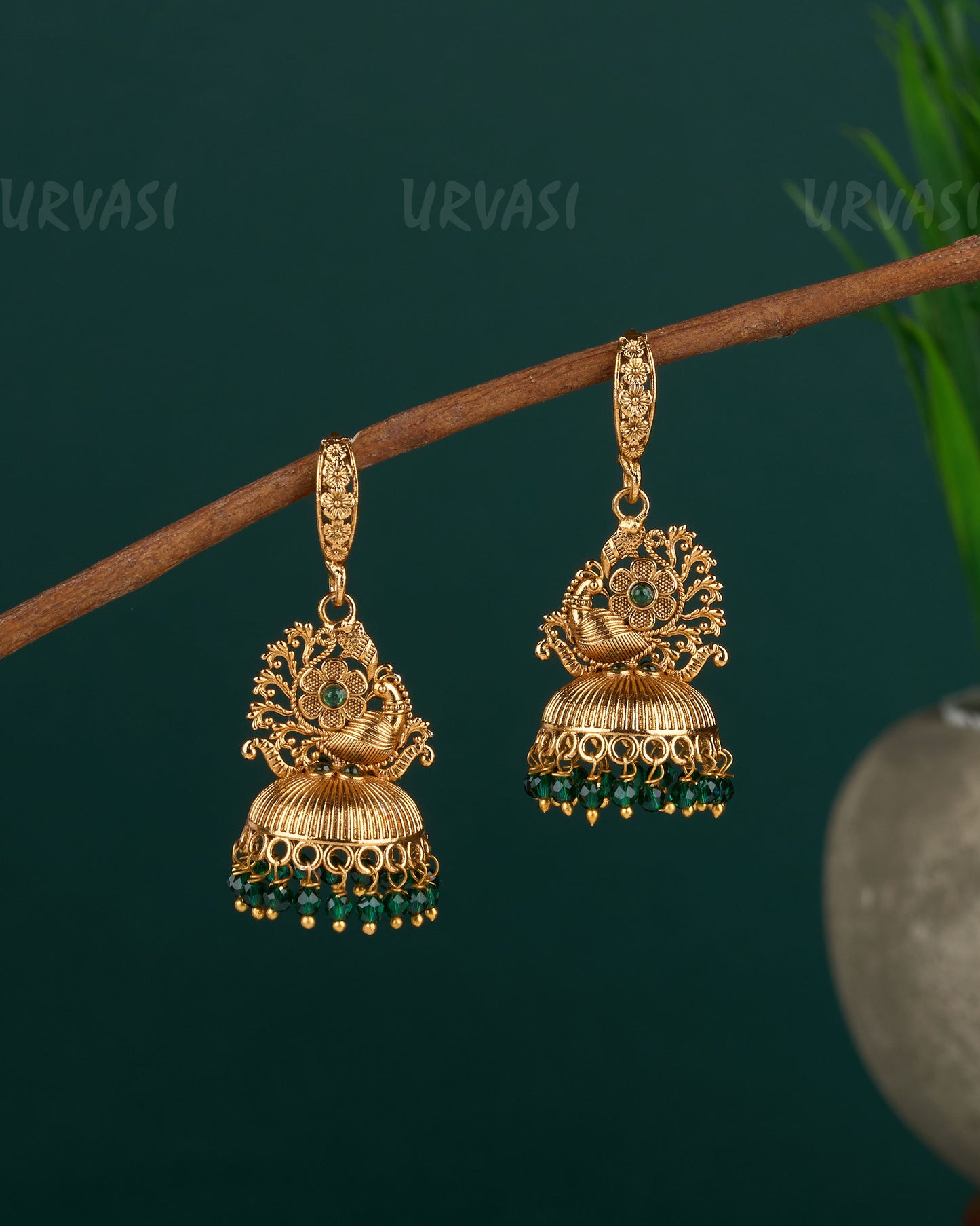 Gold-Toned Peacock Designed Floral hanging Jhumka Earrings ER 683