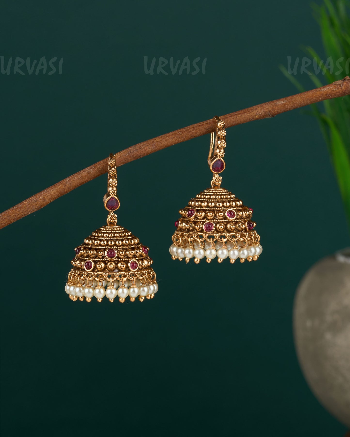 Gold-Toned Floral Pearl Hanging Jhumka Earrings ER 682