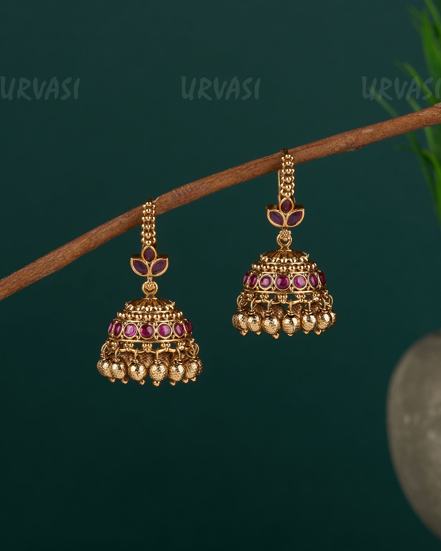 Gold-Toned Leaf-Designed Hanging Beaded Jhumka Earrings ER 681