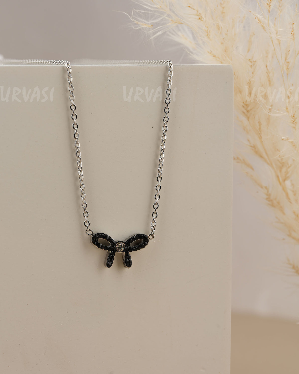 Silver-Toned Black Bow Pendant Simple Chain SC 183