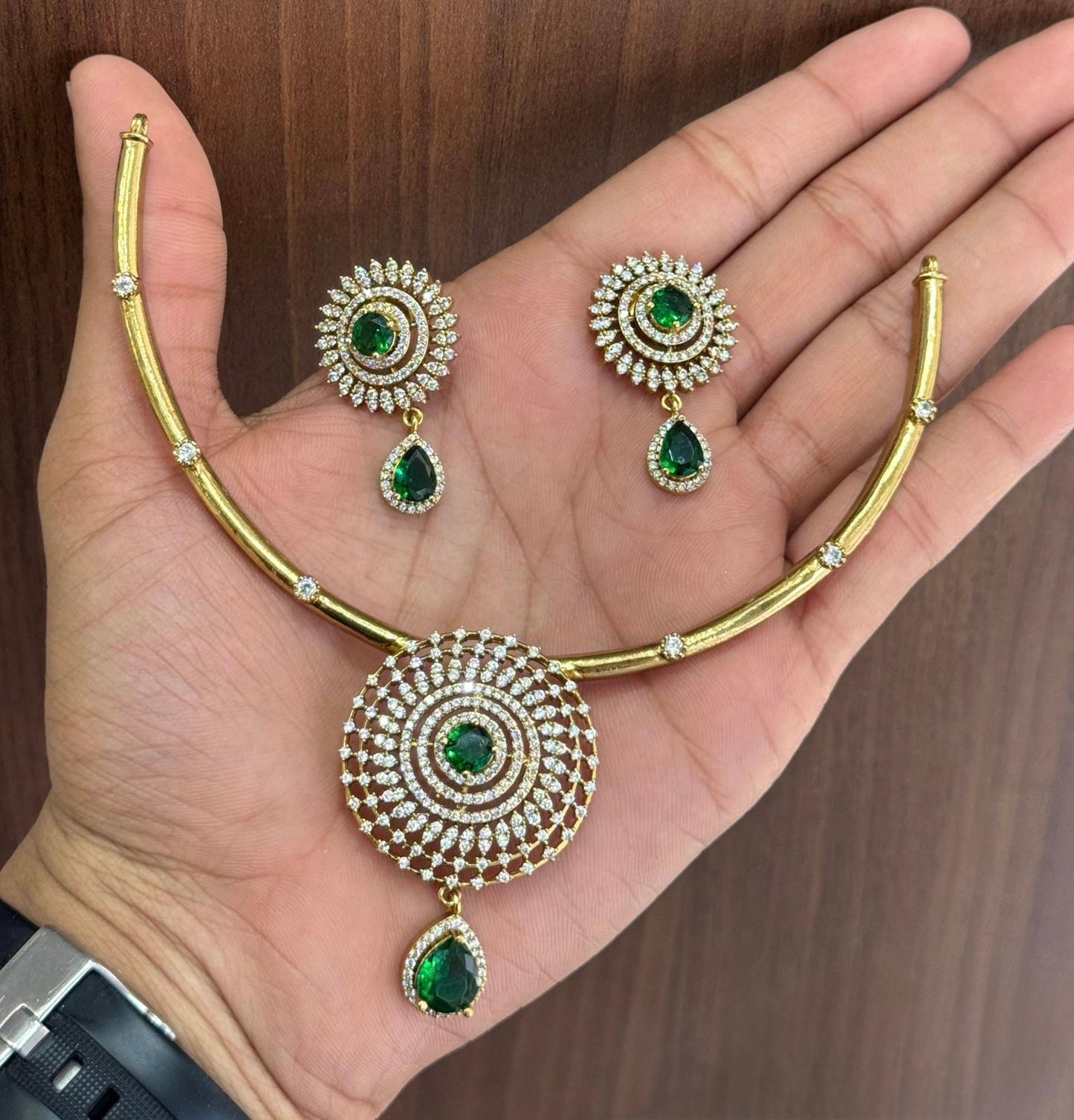 Mehendi-Polish Tear-Drop Designed AD Necklace 1218