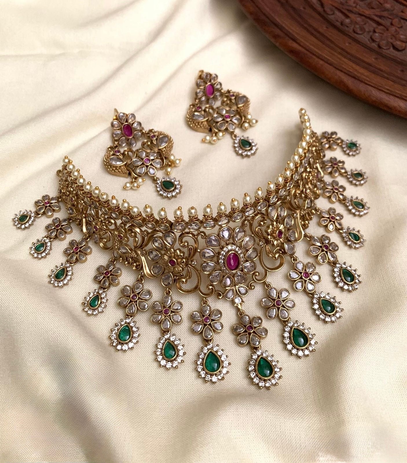 Gold-Polish Floral AD Choker Necklace 1262