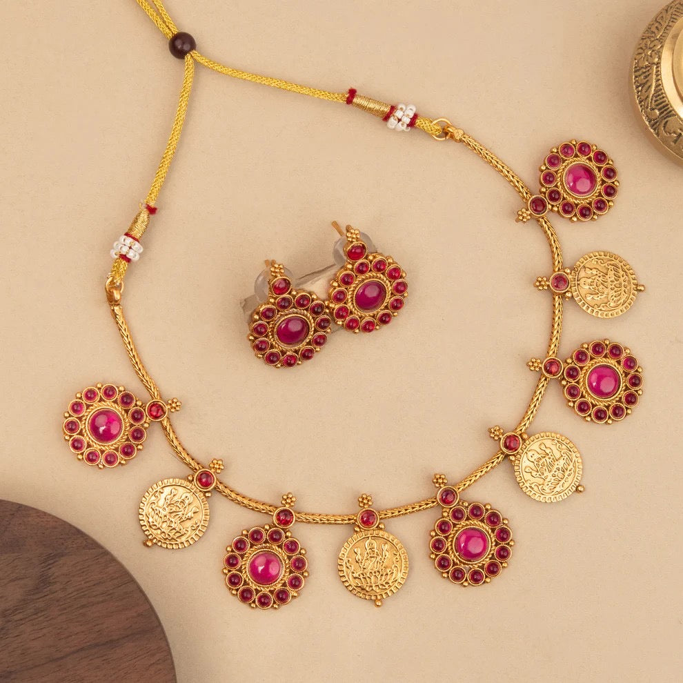 Gold-Toned Floral Kaasu Lakshmi Necklace 1170