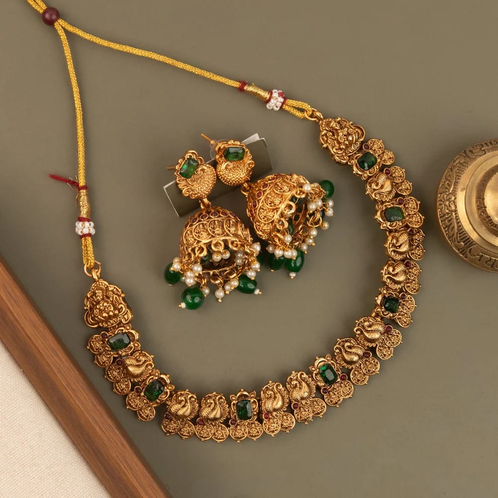Gold-Toned Traditional Peacock Lakshmi Kaasu Necklace 1806