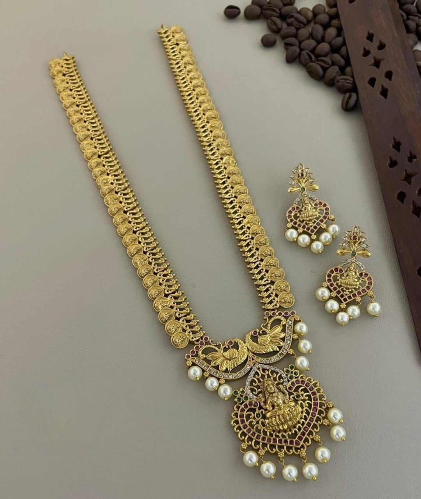 Gold-Toned Traditional Lakshmi Kaasu Long Necklace 1813